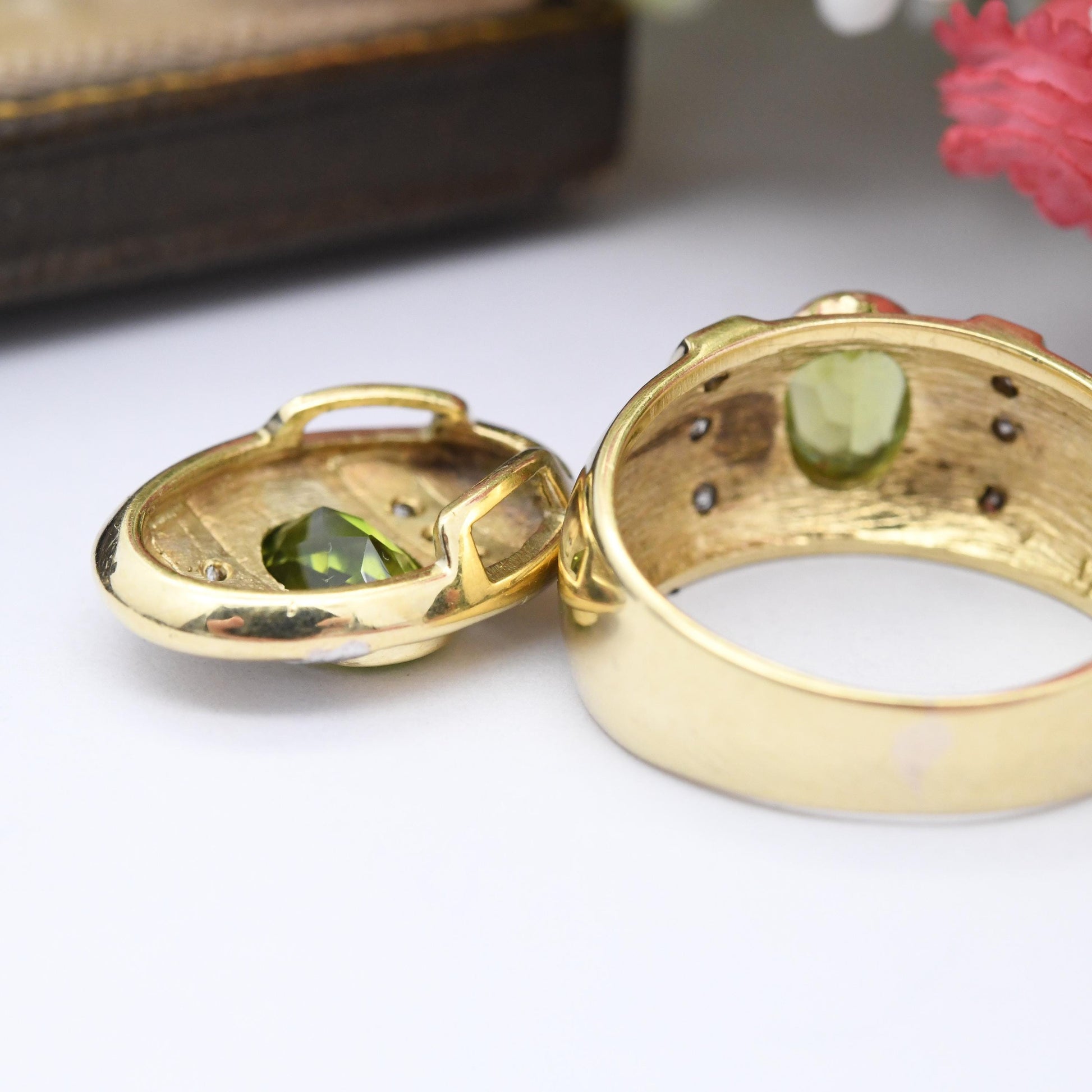 Vintage 14ct Gold Peridot Diamond Ring and Pendant Set - Contemporary Statement Cocktail Jewellery Green | UK Size - L | US Size - 5 3/4