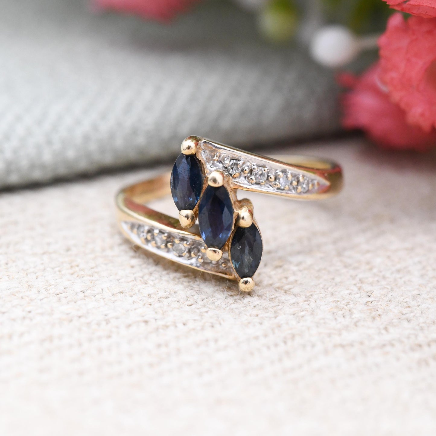 Vintage 9ct Gold Sapphire Diamond Ring 1988 - Pretty Blue Gemstone Bypass Ring | Jewellery Gift for Her | UK Size - K | US Size - 5 1/4