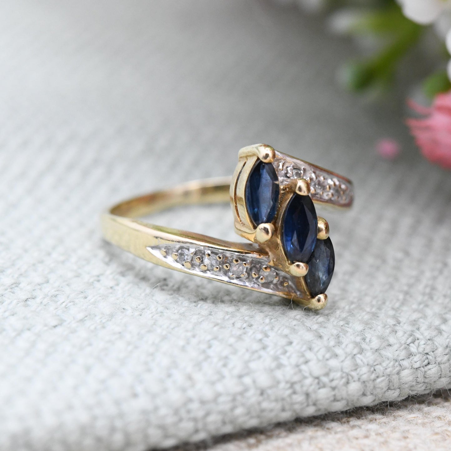 Vintage 9ct Gold Sapphire Diamond Ring 1988 - Pretty Blue Gemstone Bypass Ring | Jewellery Gift for Her | UK Size - K | US Size - 5 1/4