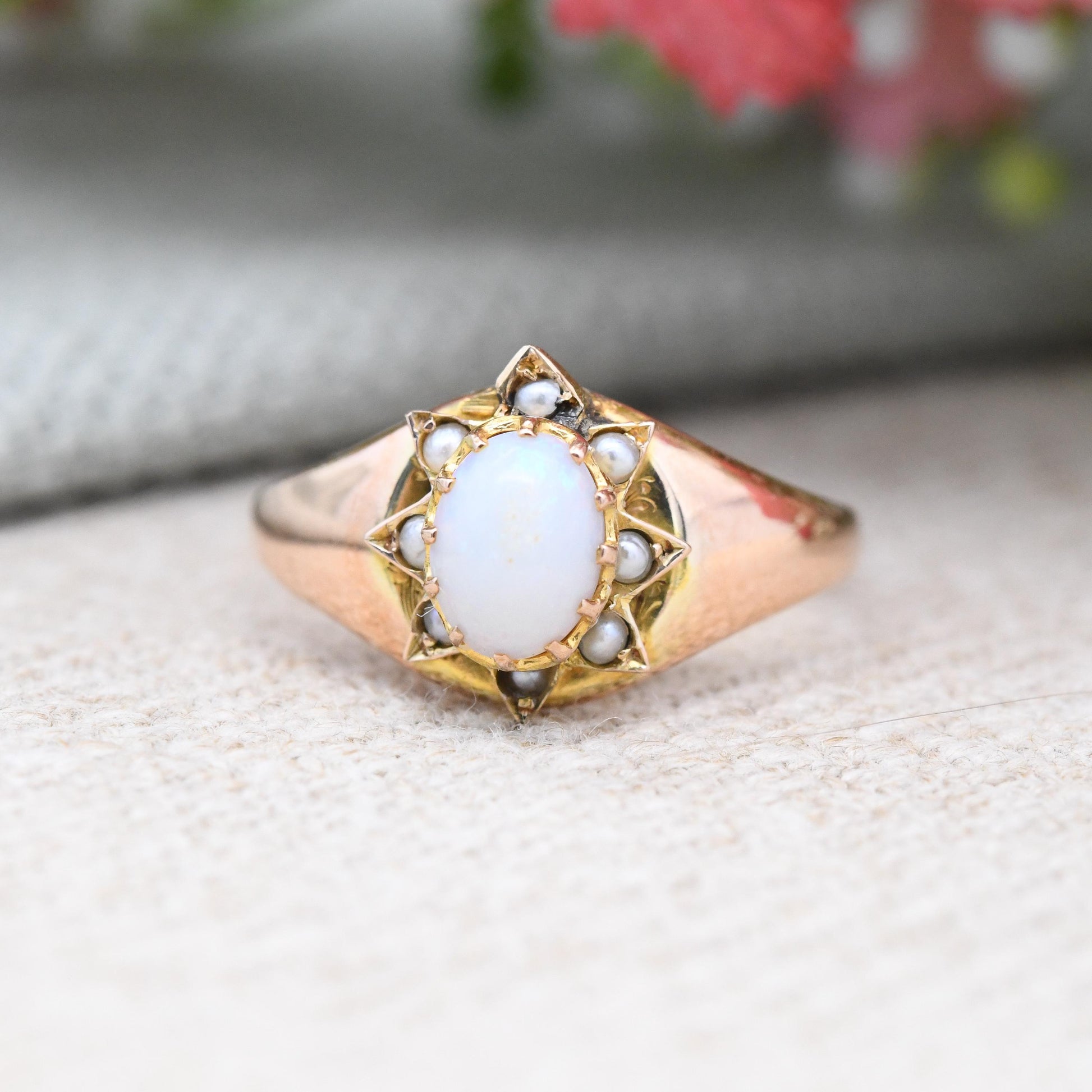 Antique 9ct Gold Opal and Pearl Ring 1903 Edwardian - Gemstone Star Halo | Henry Griffith Chester Hallmarks | UK Size - L | US Size - 5 3/4