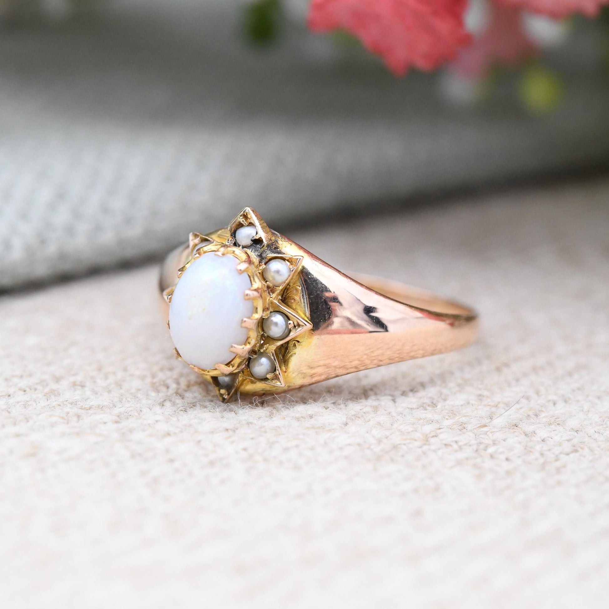 Antique 9ct Gold Opal and Pearl Ring 1903 Edwardian - Gemstone Star Halo | Henry Griffith Chester Hallmarks | UK Size - L | US Size - 5 3/4