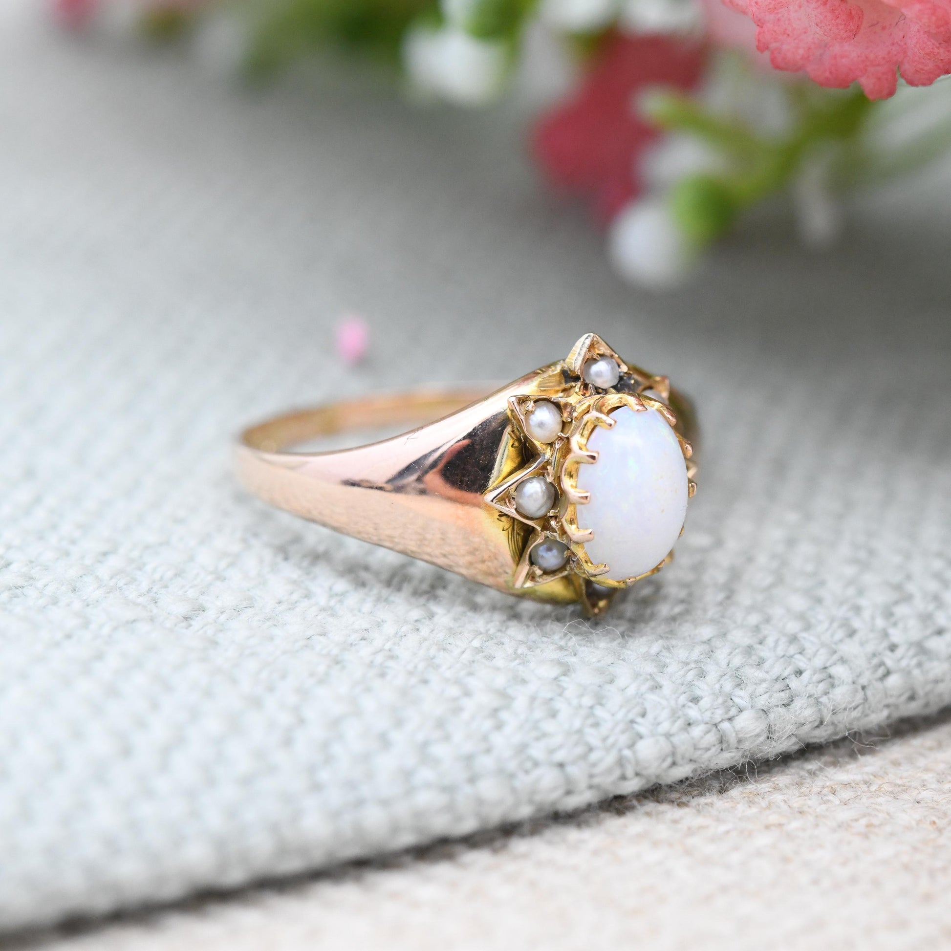 Antique 9ct Gold Opal and Pearl Ring 1903 Edwardian - Gemstone Star Halo | Henry Griffith Chester Hallmarks | UK Size - L | US Size - 5 3/4