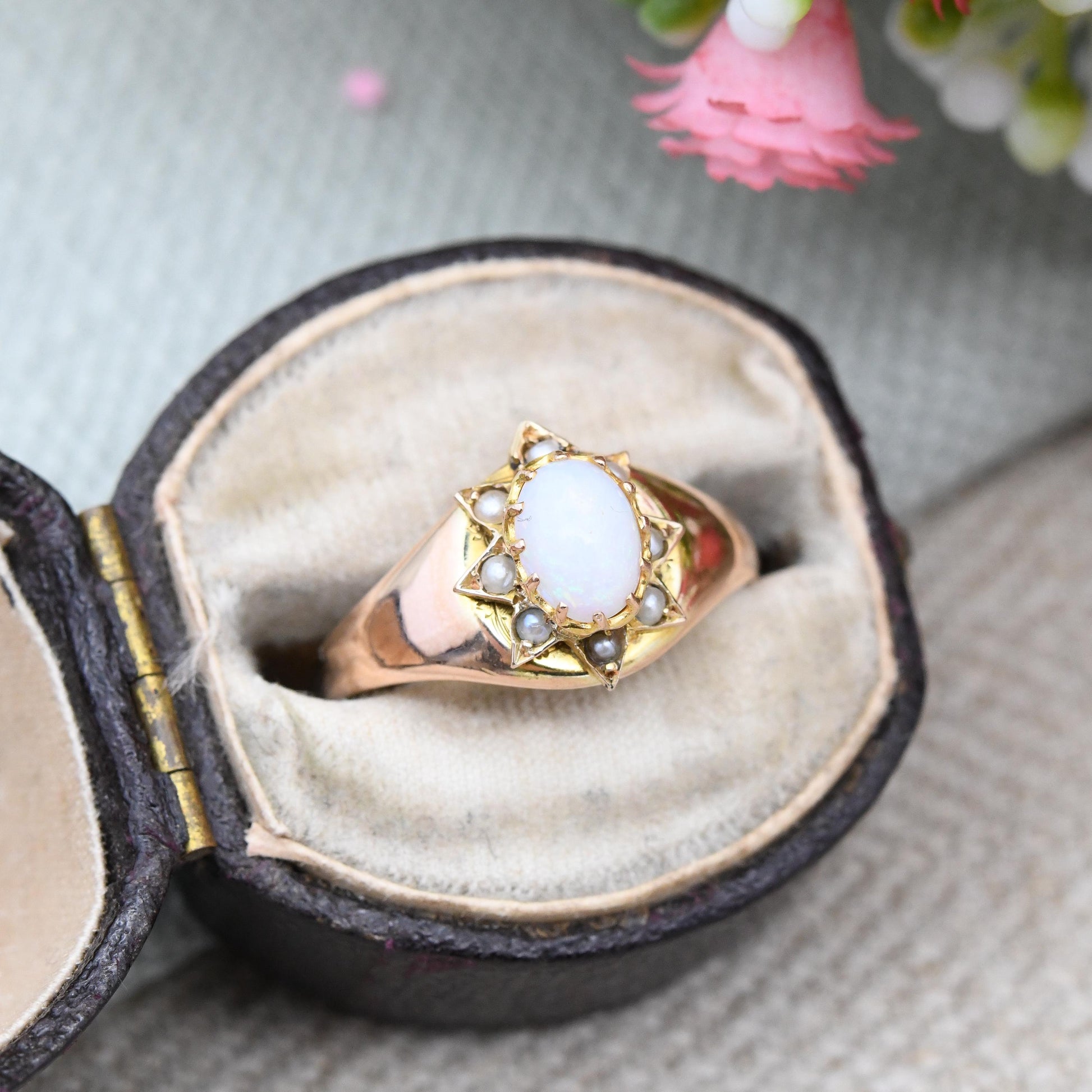 Antique 9ct Gold Opal and Pearl Ring 1903 Edwardian - Gemstone Star Halo | Henry Griffith Chester Hallmarks | UK Size - L | US Size - 5 3/4