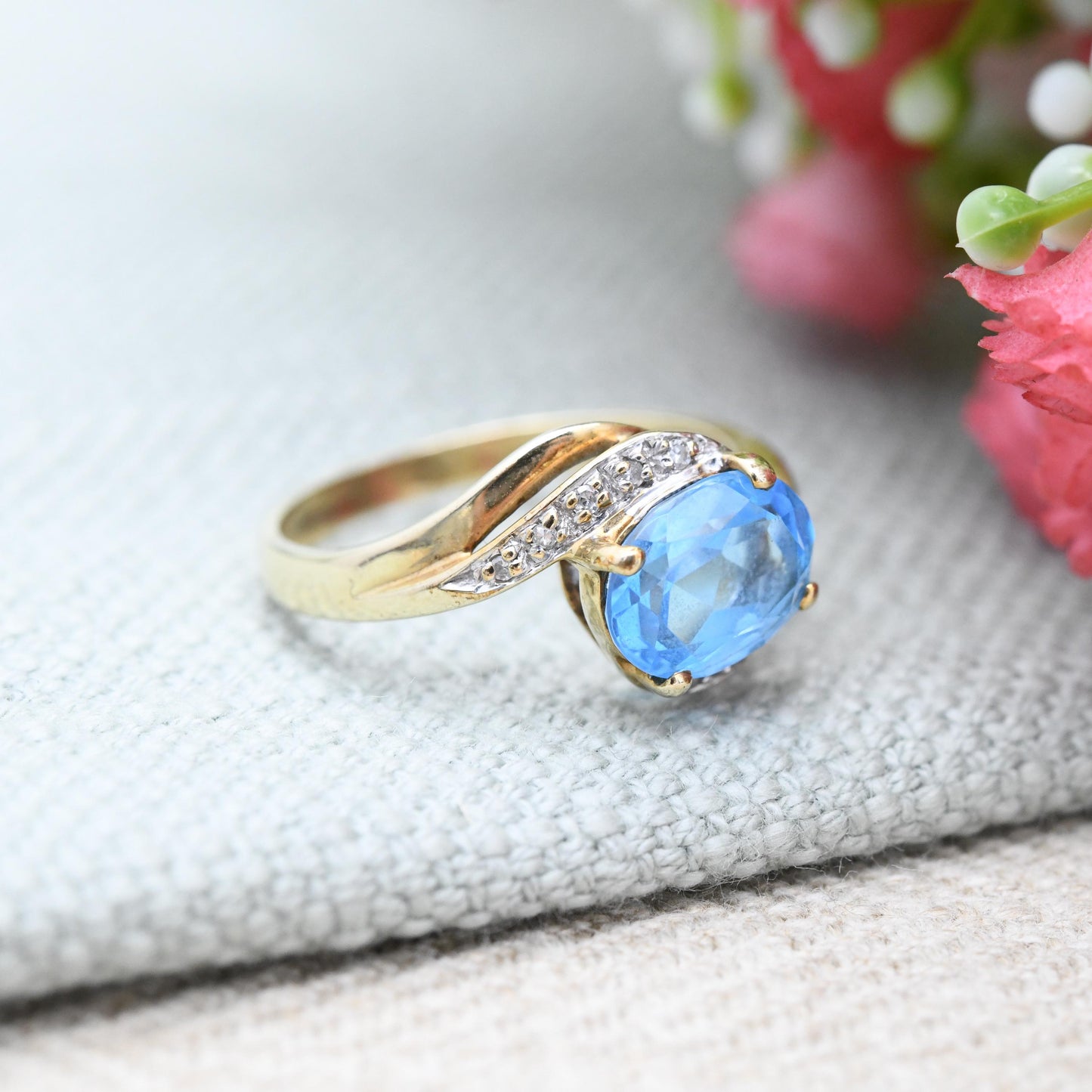 Vintage 9ct Gold QVC Ring with Diamonds 1998 - Cocktail Statement Ring Blue and Clear Stones | Pretty Gift | UK Size - N 1/2 | US Size - 7