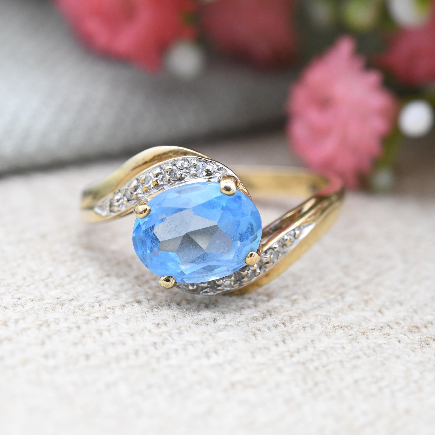 Vintage 9ct Gold QVC Ring with Diamonds 1998 - Cocktail Statement Ring Blue and Clear Stones | Pretty Gift | UK Size - N 1/2 | US Size - 7