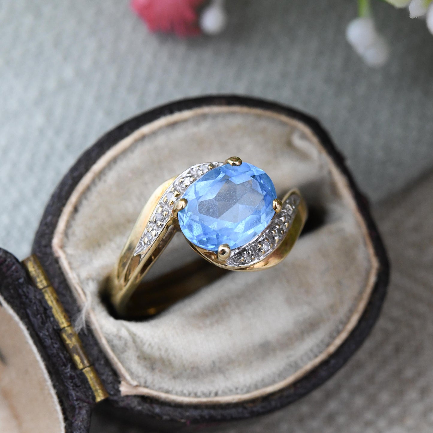 Vintage 9ct Gold QVC Ring with Diamonds 1998 - Cocktail Statement Ring Blue and Clear Stones | Pretty Gift | UK Size - N 1/2 | US Size - 7