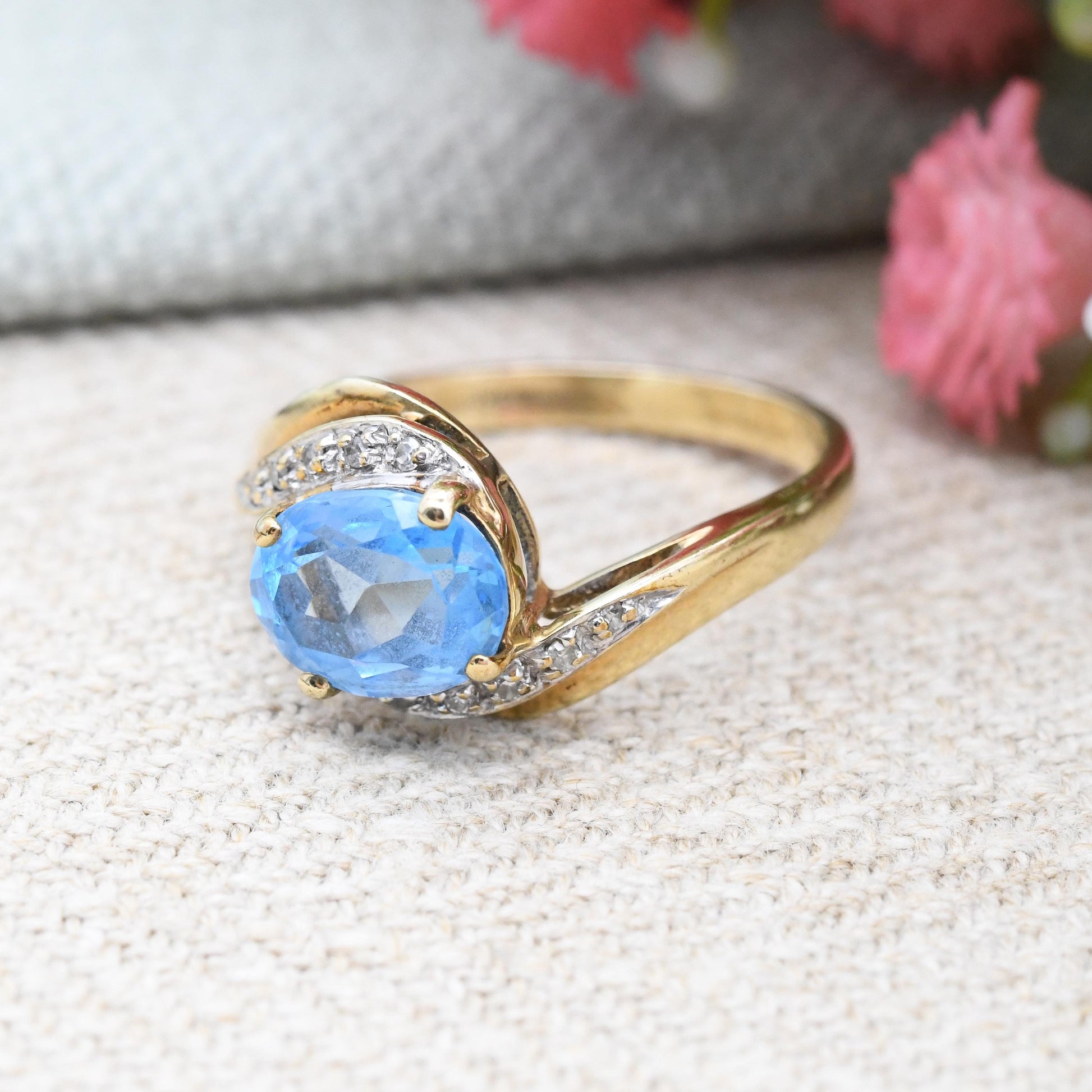 Vintage 9ct Gold QVC Ring with Diamonds 1998 - Cocktail Statement Ring Blue and Clear Stones | Pretty Gift | UK Size - N 1/2 | US Size - 7