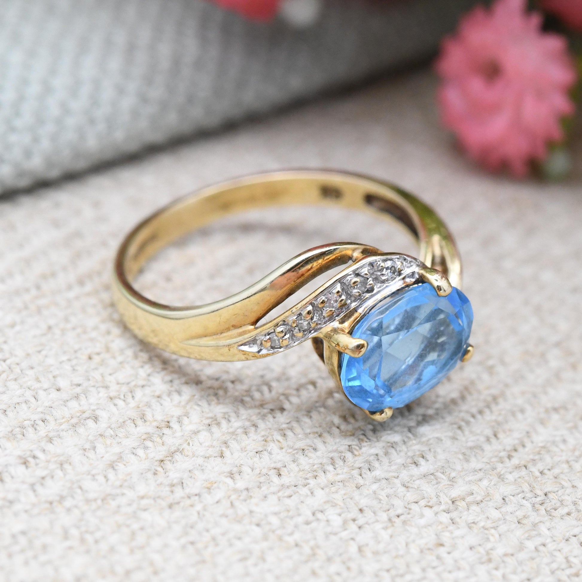 Vintage 9ct Gold QVC Ring with Diamonds 1998 - Cocktail Statement Ring Blue and Clear Stones | Pretty Gift | UK Size - N 1/2 | US Size - 7