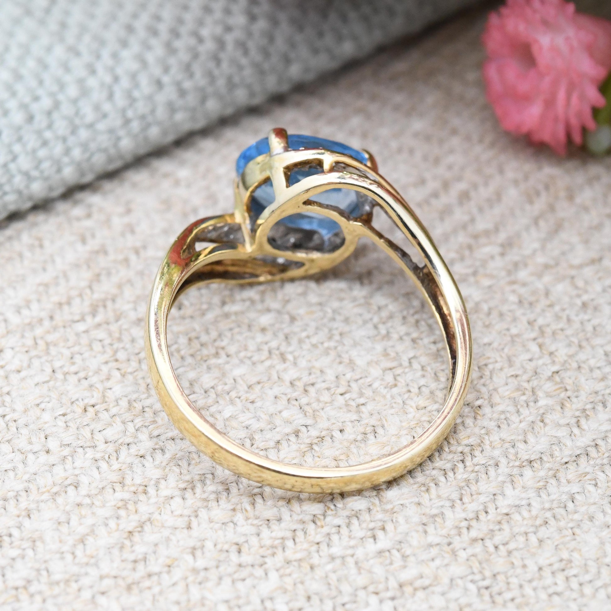 Vintage 9ct Gold QVC Ring with Diamonds 1998 - Cocktail Statement Ring Blue and Clear Stones | Pretty Gift | UK Size - N 1/2 | US Size - 7