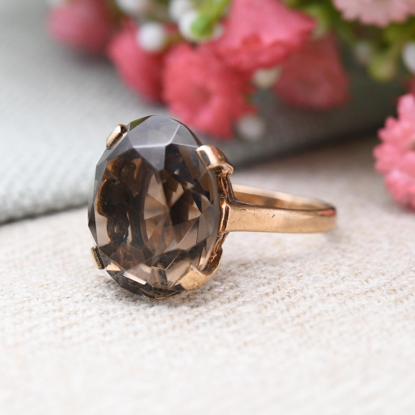 Vintage 9ct Gold Smoky Quartz Statement Ring 1964 - Mid-Century Modern Large Brown Gemstone Cocktail Ring | UK Size - J | US Size - 4 3/4