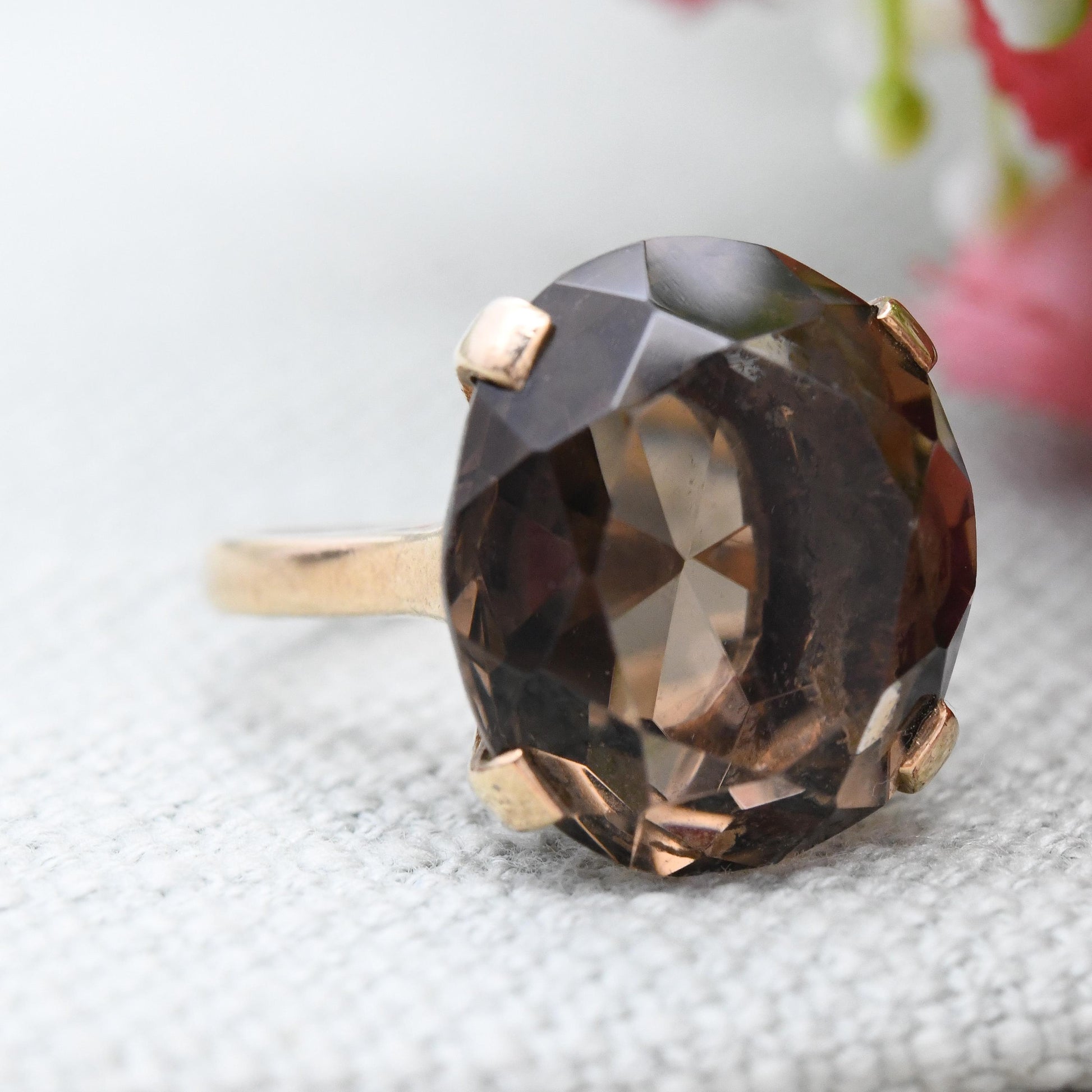 Vintage 9ct Gold Smoky Quartz Statement Ring 1964 - Mid-Century Modern Large Brown Gemstone Cocktail Ring | UK Size - J | US Size - 4 3/4