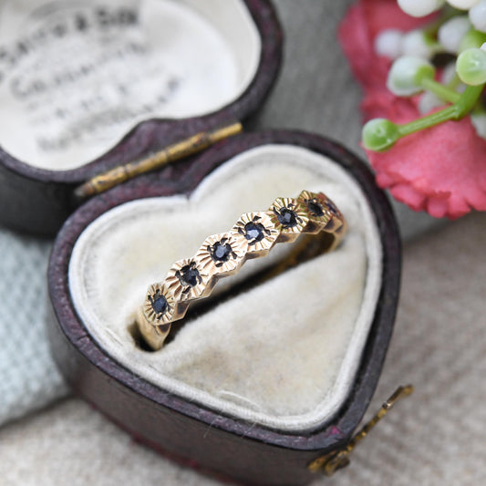 Vintage 9ct Gold Sapphire Half Eternity Band Ring 1979 - 7 Stone Mid-Century Textured Setting Stacker Ring | UK Size - L | US Size - 5 3/4