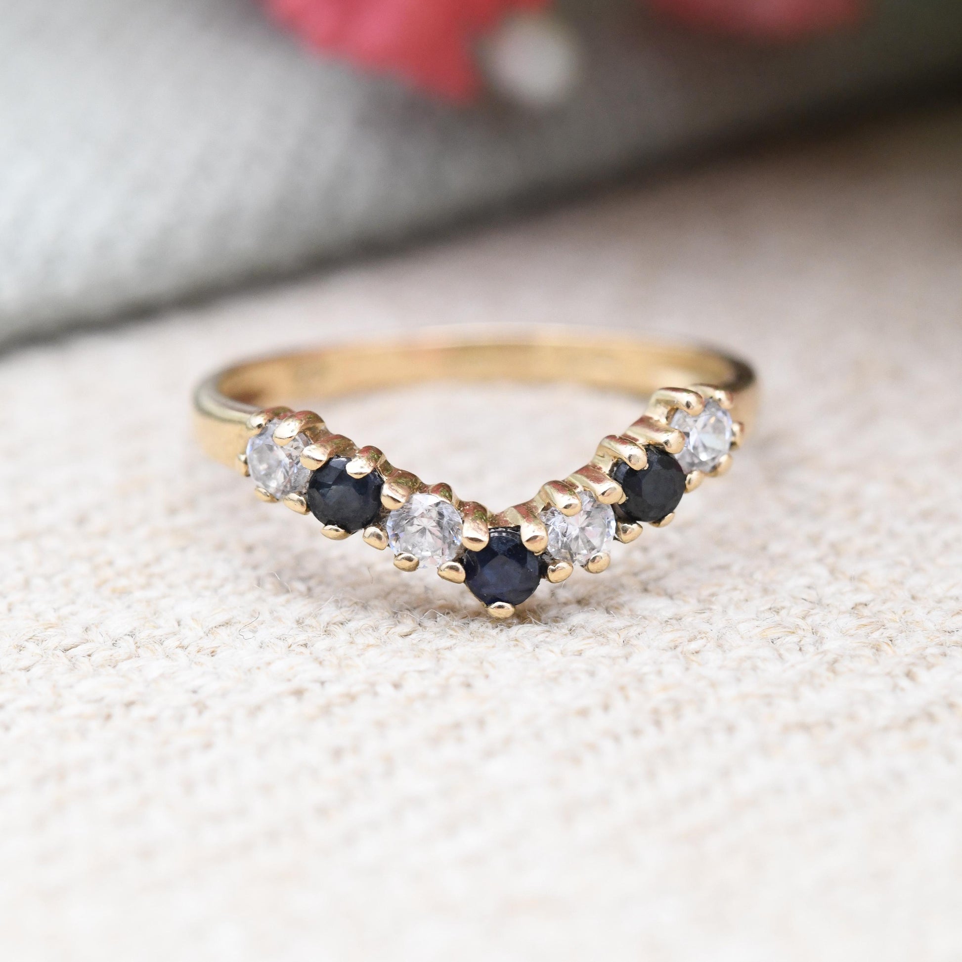 Vintage 9ct Gold Sapphire & Cubic Zirconia Wishbone Ring - CZ and Blue Engagement Ring Delicate Stacker | UK Size - I 1/2 | US Size - 4 1/2