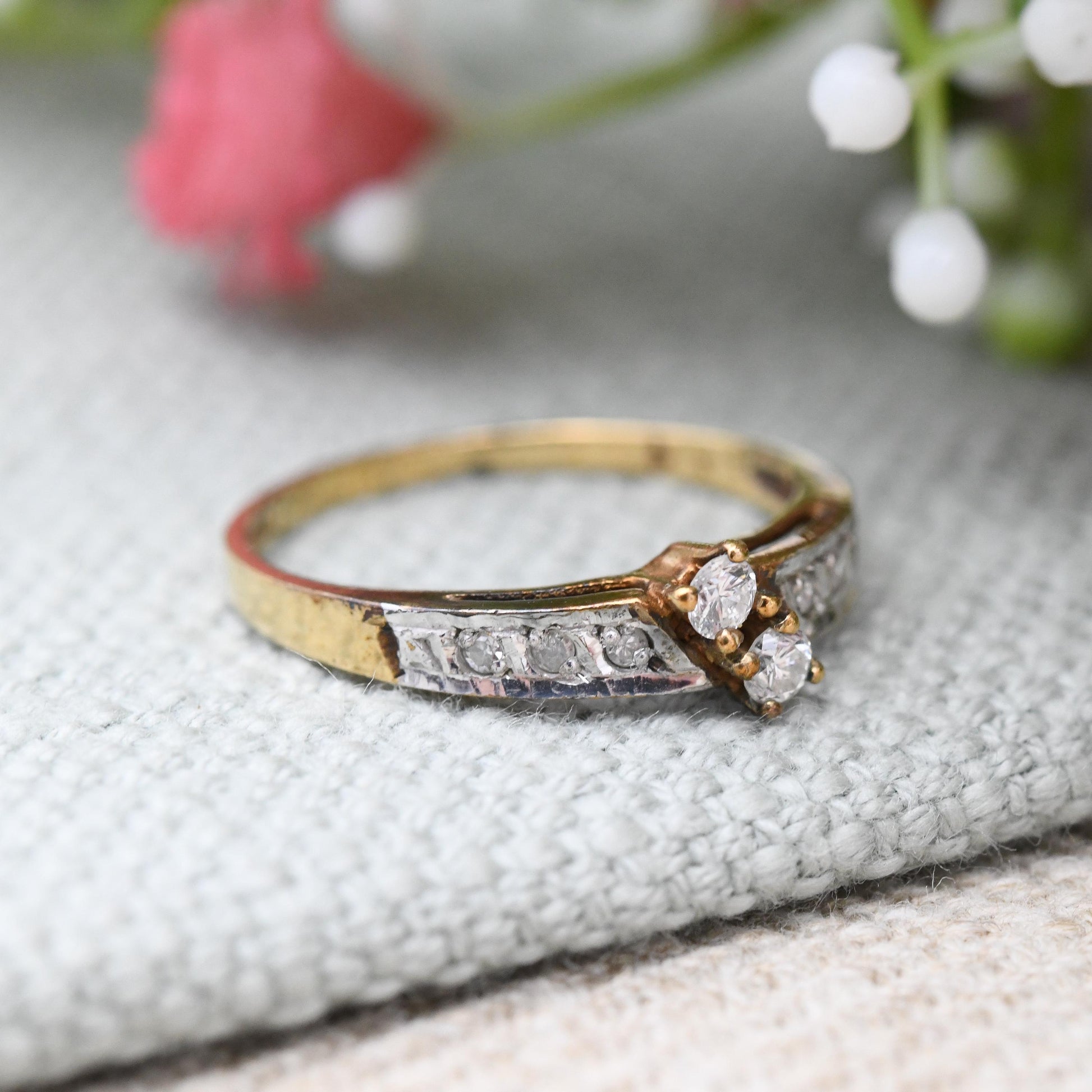 Vintage 9ct Gold Twin Stone Ring 1984 - Pretty Engagement Clear Stone Ring | Delicate Gold Gift | UK Size - K | US Size - 5 1/4