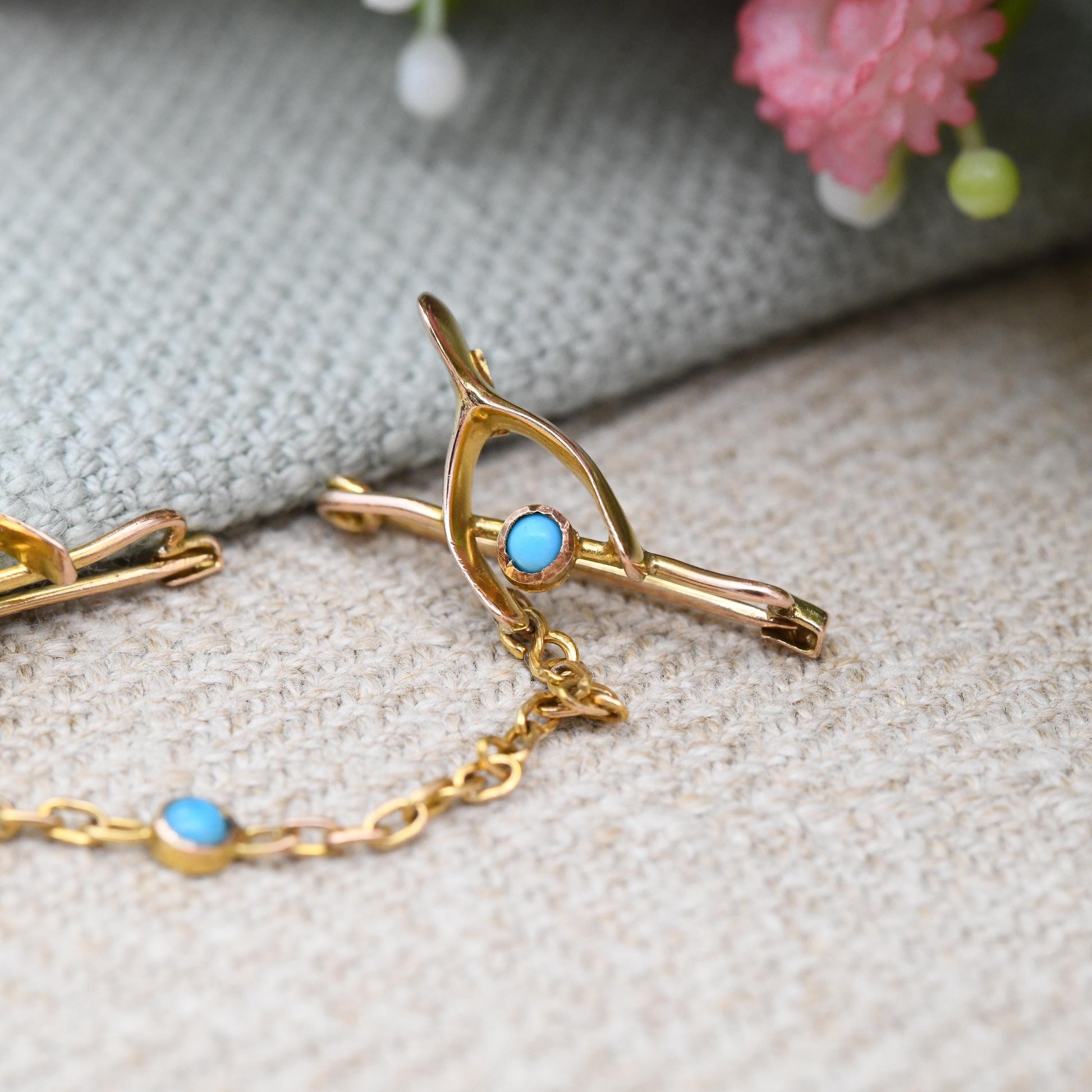 Antique 9ct Gold Turquoise Twin Wishbone Brooch with Chain Connector - Blue Stones | Edwardian Victorian Good Luck Jewellery