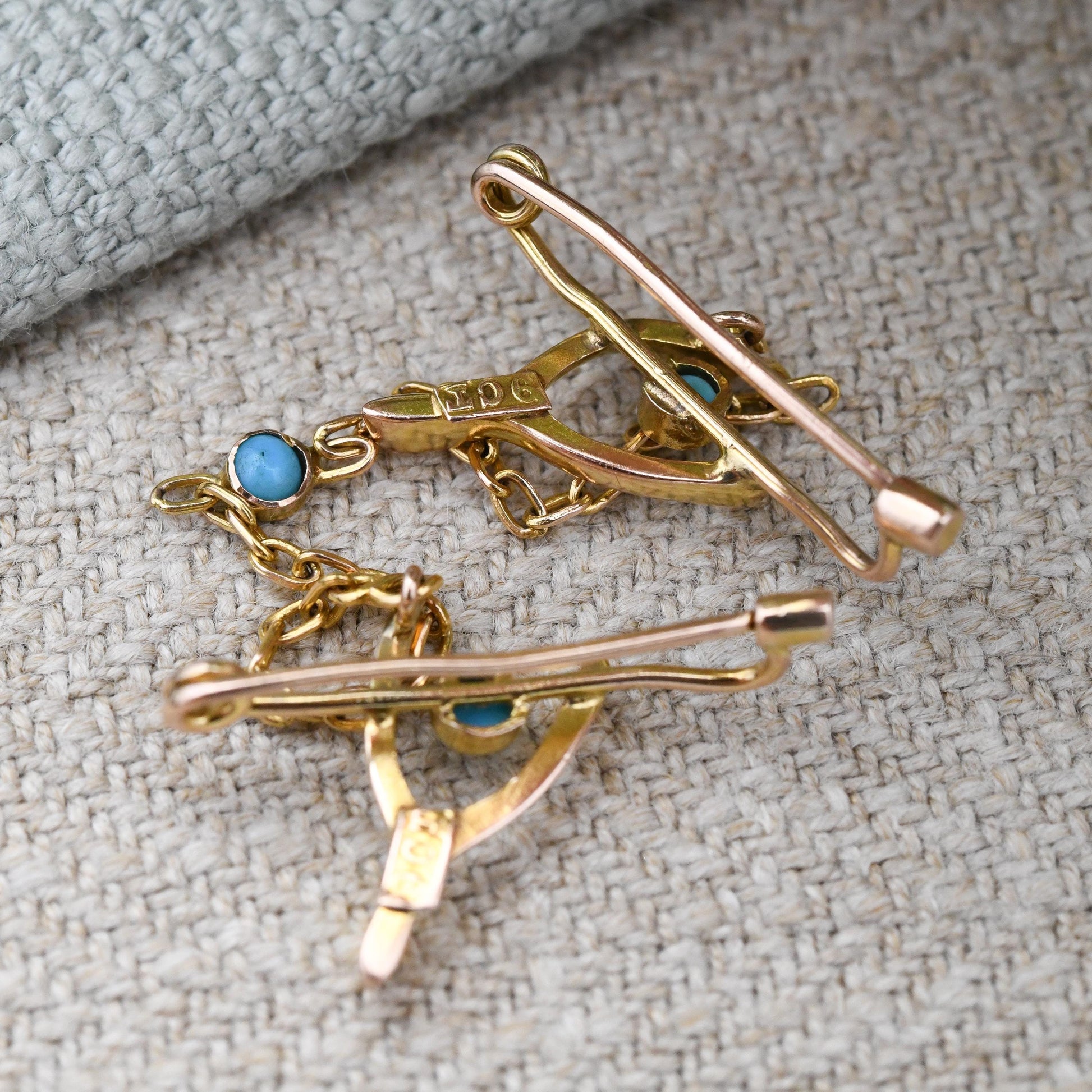 Antique 9ct Gold Turquoise Twin Wishbone Brooch with Chain Connector - Blue Stones | Edwardian Victorian Good Luck Jewellery