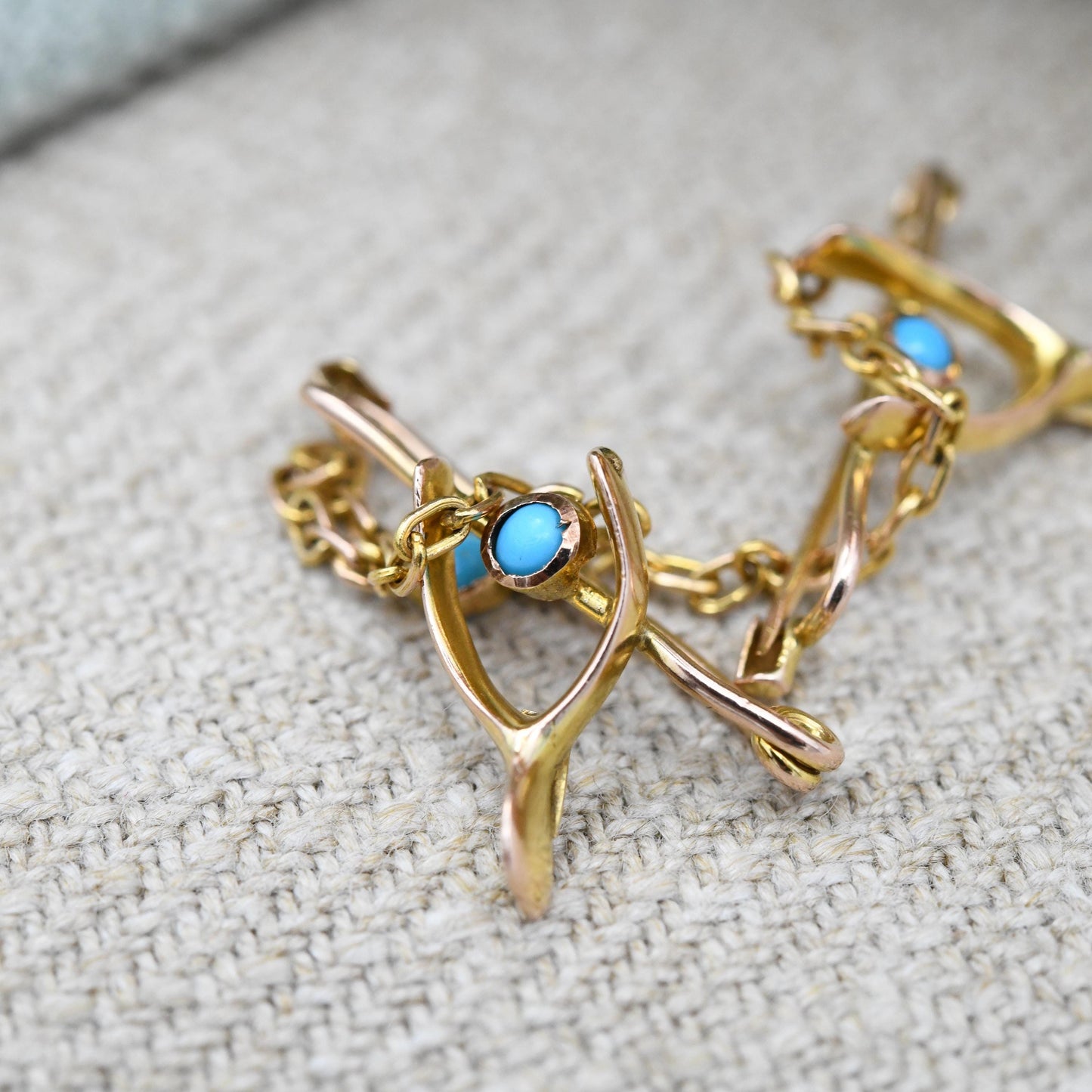 Antique 9ct Gold Turquoise Twin Wishbone Brooch with Chain Connector - Blue Stones | Edwardian Victorian Good Luck Jewellery