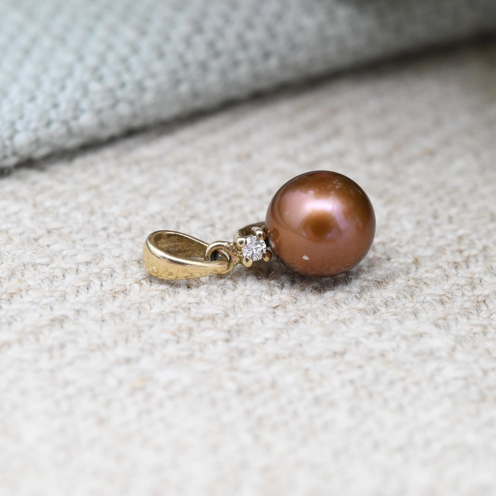 Vintage 9ct Gold Pearl and Diamond Pendant - Small Brown Pearl Pendant Charm for Necklace Stack