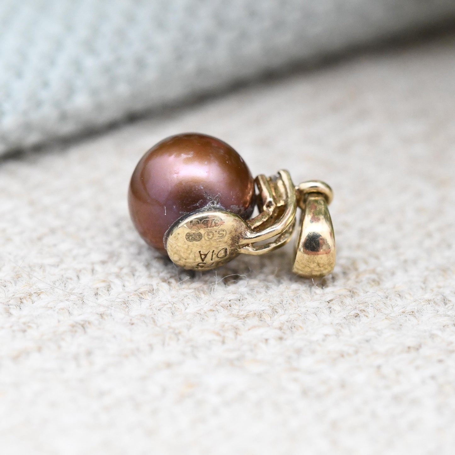 Vintage 9ct Gold Pearl and Diamond Pendant - Small Brown Pearl Pendant Charm for Necklace Stack