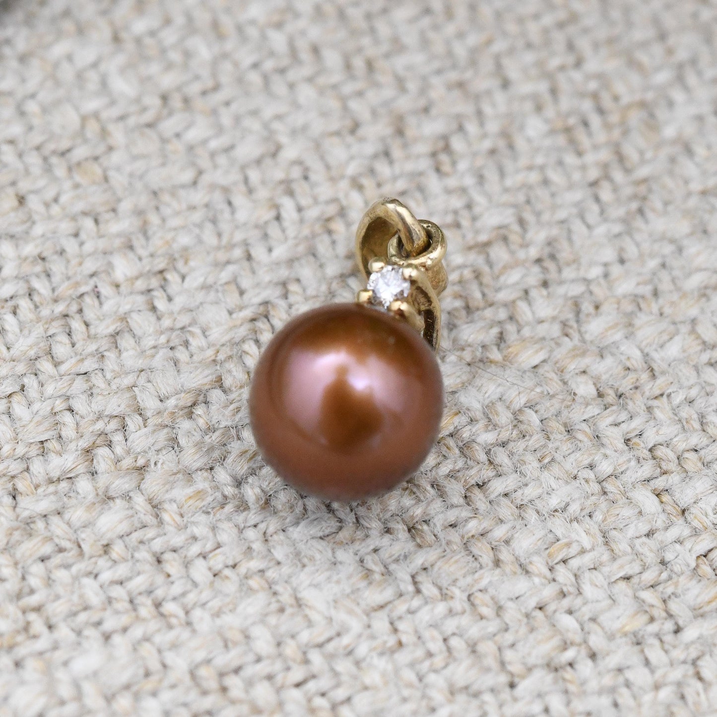 Vintage 9ct Gold Pearl and Diamond Pendant - Small Brown Pearl Pendant Charm for Necklace Stack