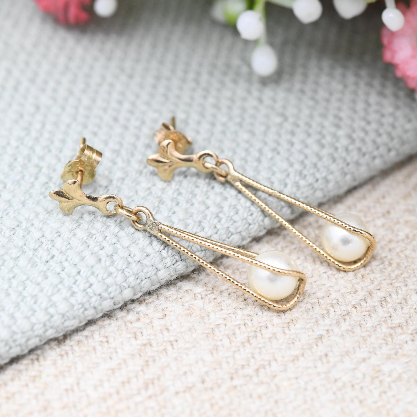 Vintage 9ct Gold Faux Pearl Cage Drop Earrings - Textured Gold Dangle Stud Earrings | White Round Ball