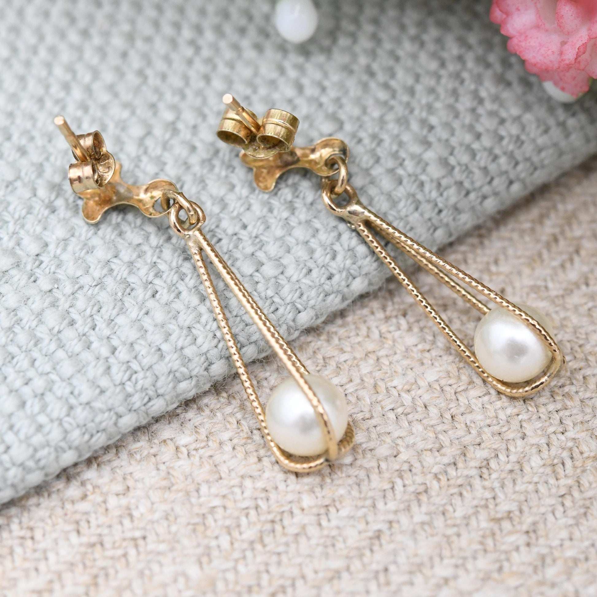 Vintage 9ct Gold Faux Pearl Cage Drop Earrings - Textured Gold Dangle Stud Earrings | White Round Ball