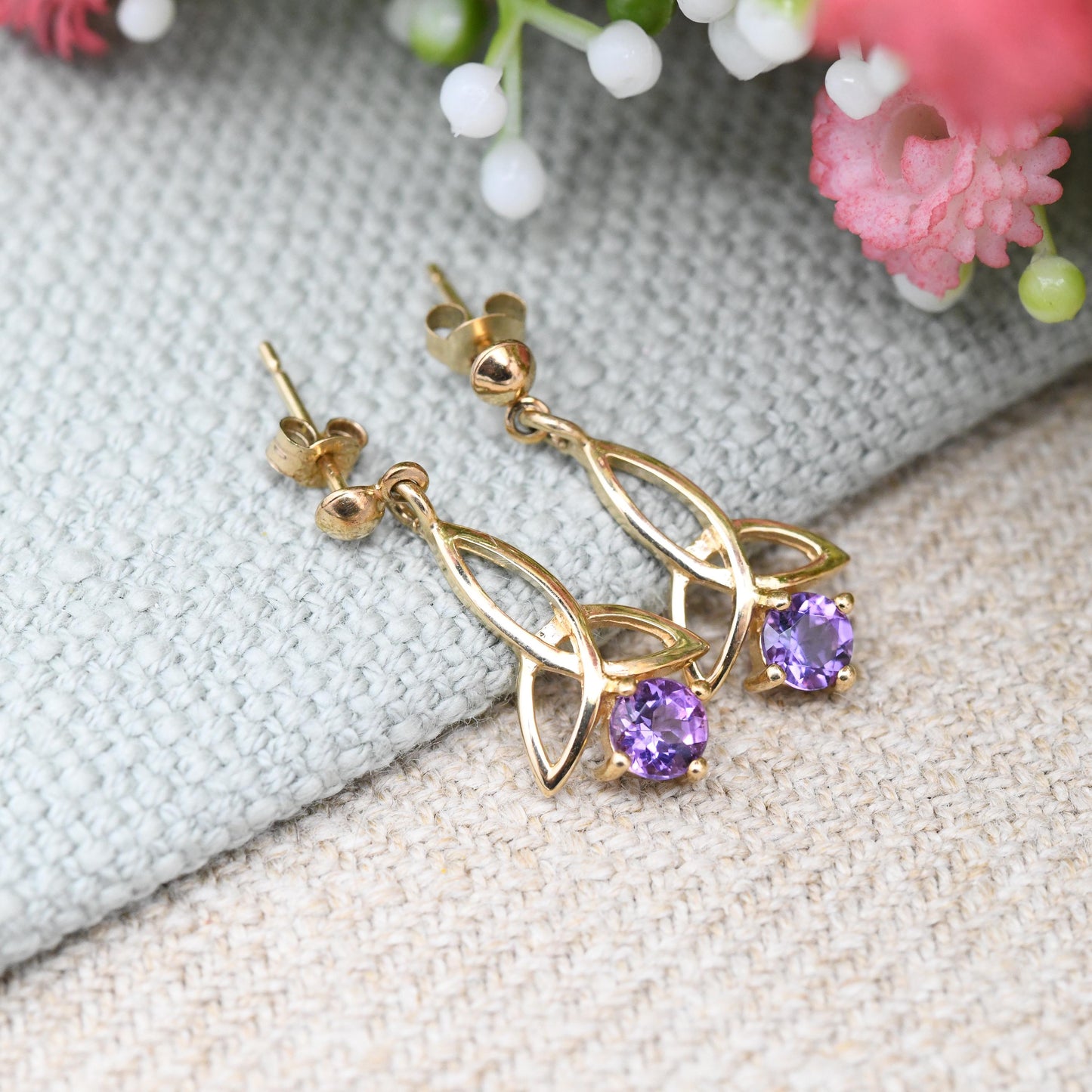 Vintage 9ct Gold Celtic Knot Amethyst Drop Earrings with Triquetra Design - Solid Gold Jewellery Gift for Her