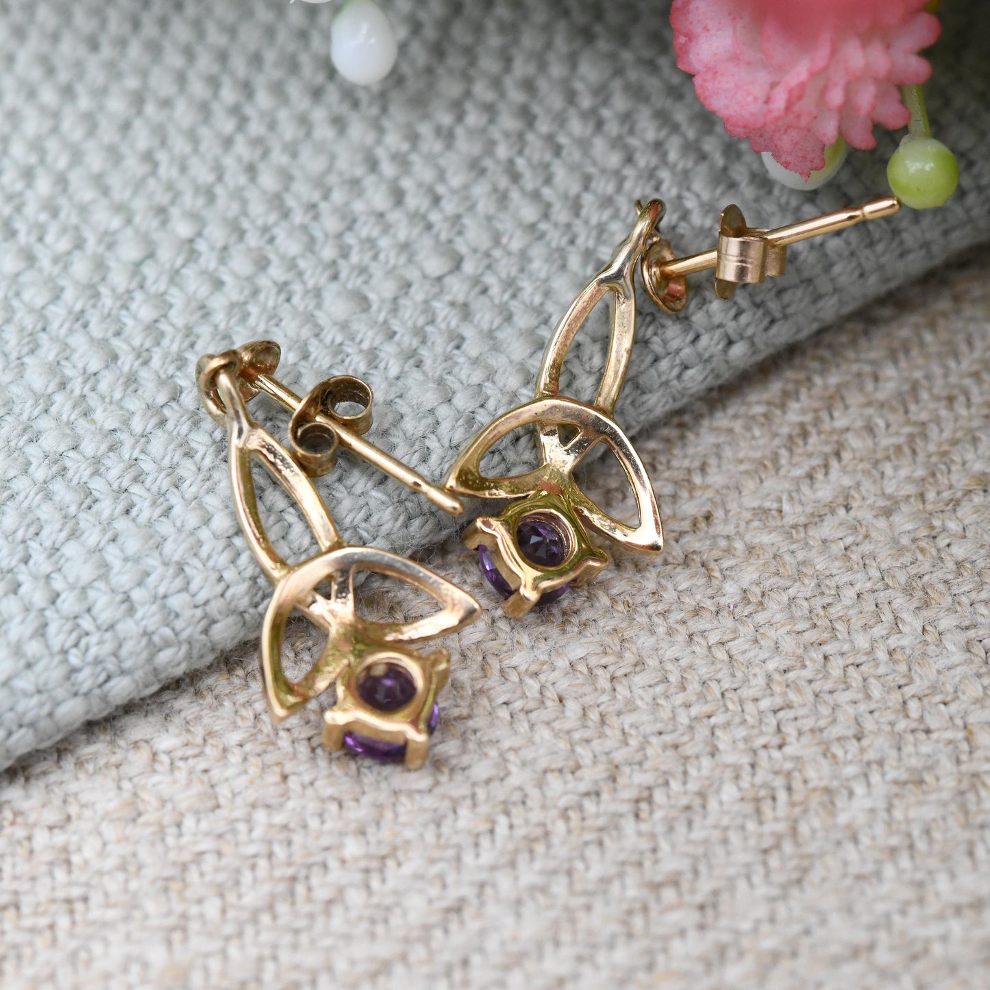 Vintage 9ct Gold Celtic Knot Amethyst Drop Earrings with Triquetra Design - Solid Gold Jewellery Gift for Her