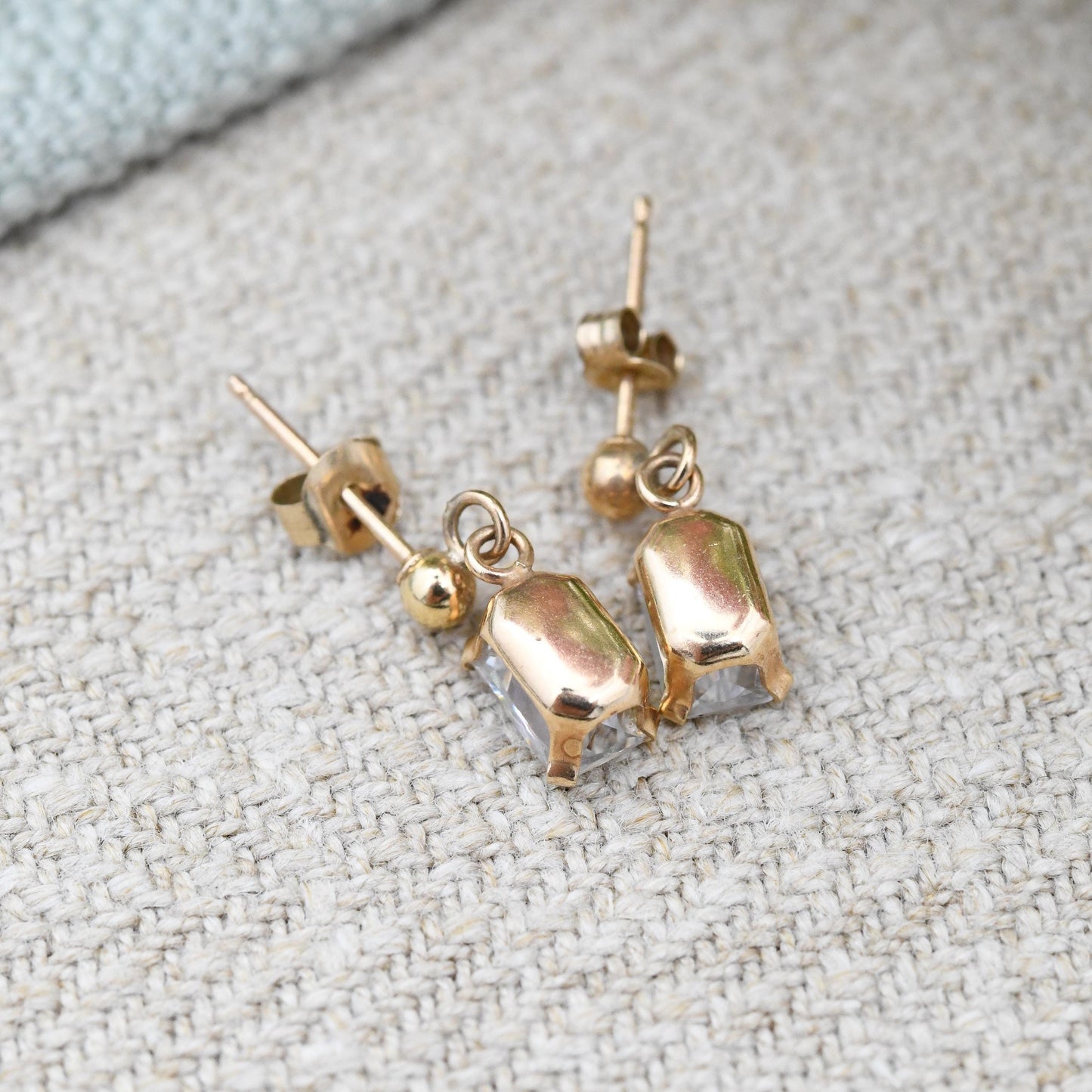 Vintage 9ct Gold CZ Drop Earrings - Rectangle Sparkly Large Stone | Gold Butterfly Backs