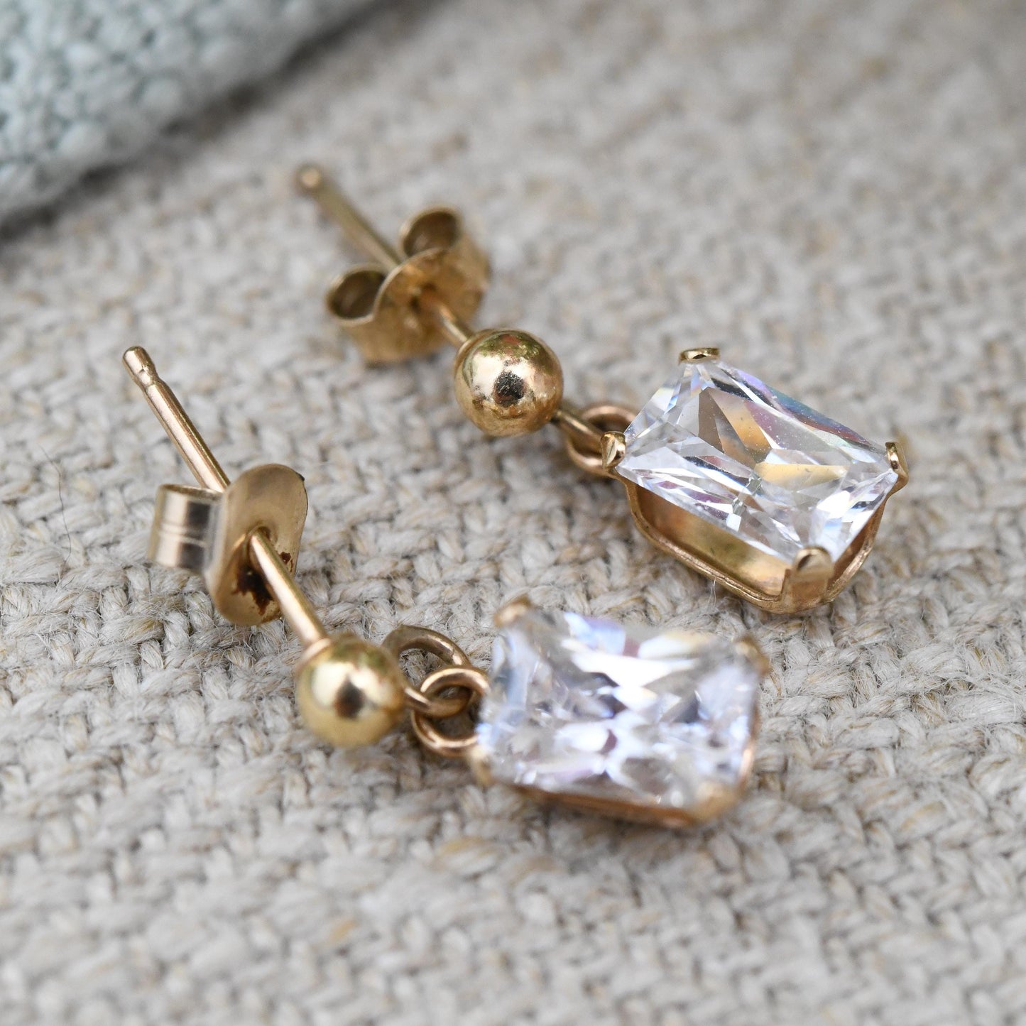 Vintage 9ct Gold CZ Drop Earrings - Rectangle Sparkly Large Stone | Gold Butterfly Backs