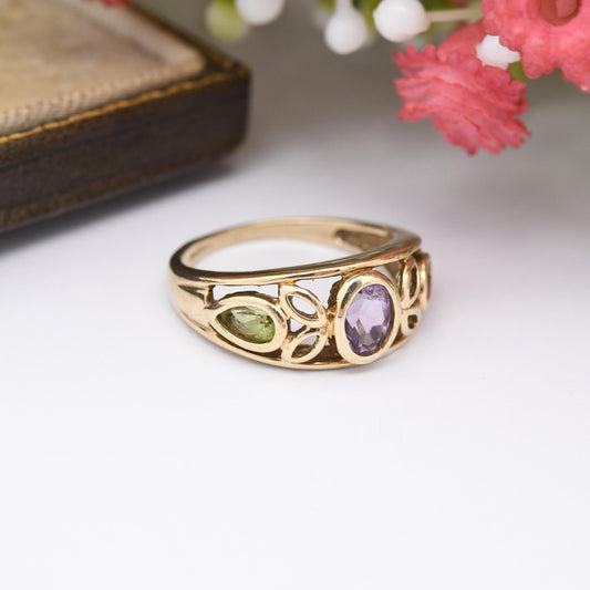 Vintage 9ct Gold Amethyst and Peridot Ring - Multi Stone Gemstone | Leaf Design Pretty Pinkie Ring | Small UK Size - I 1/2 | US Size - 4 1/2