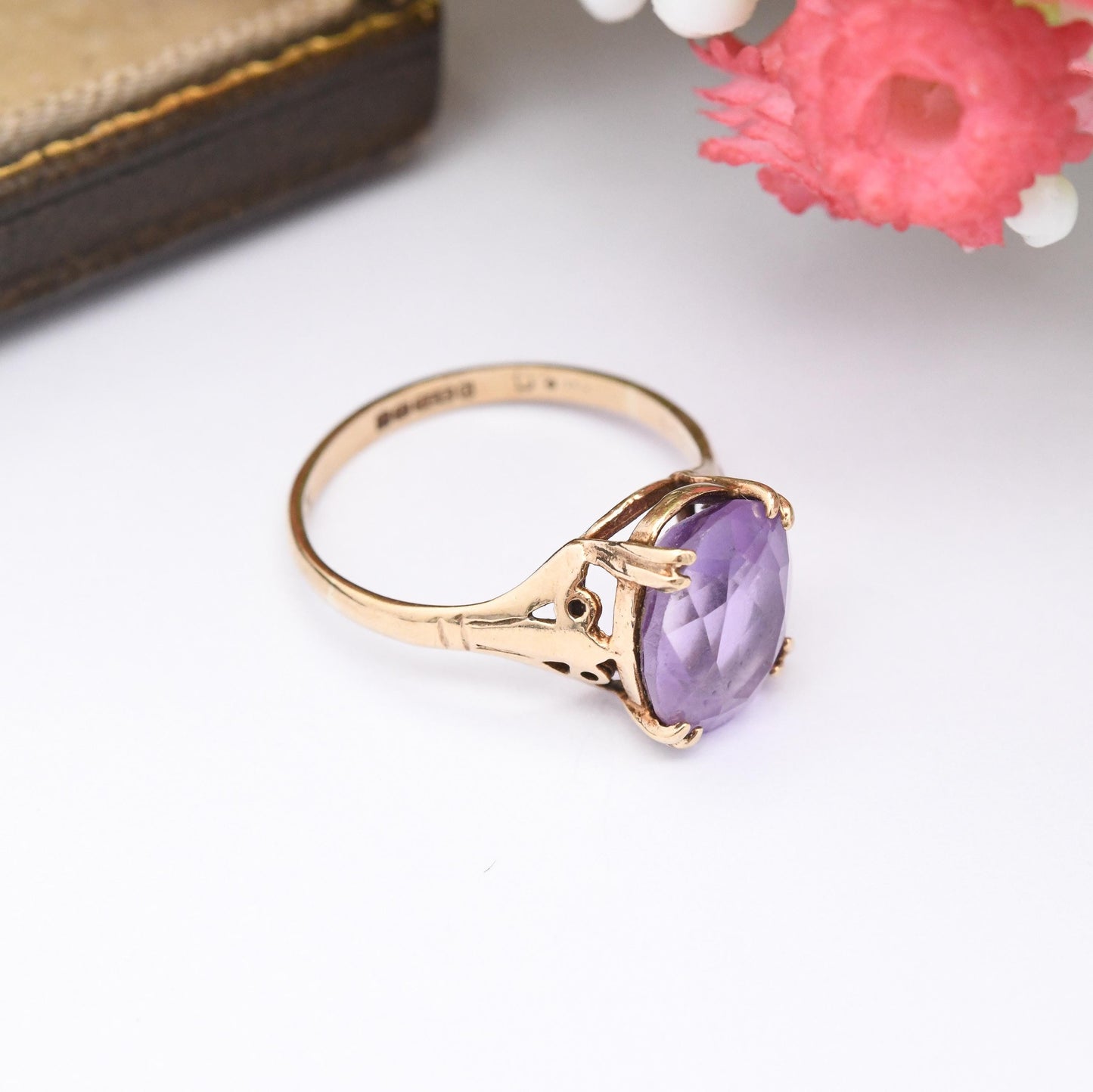 Vintage 9ct Gold Amethyst Ring 1971 - Mid-Century Large Purple Stone Solitaire | Small Size | UK Size - K | US Size - 5 1/4