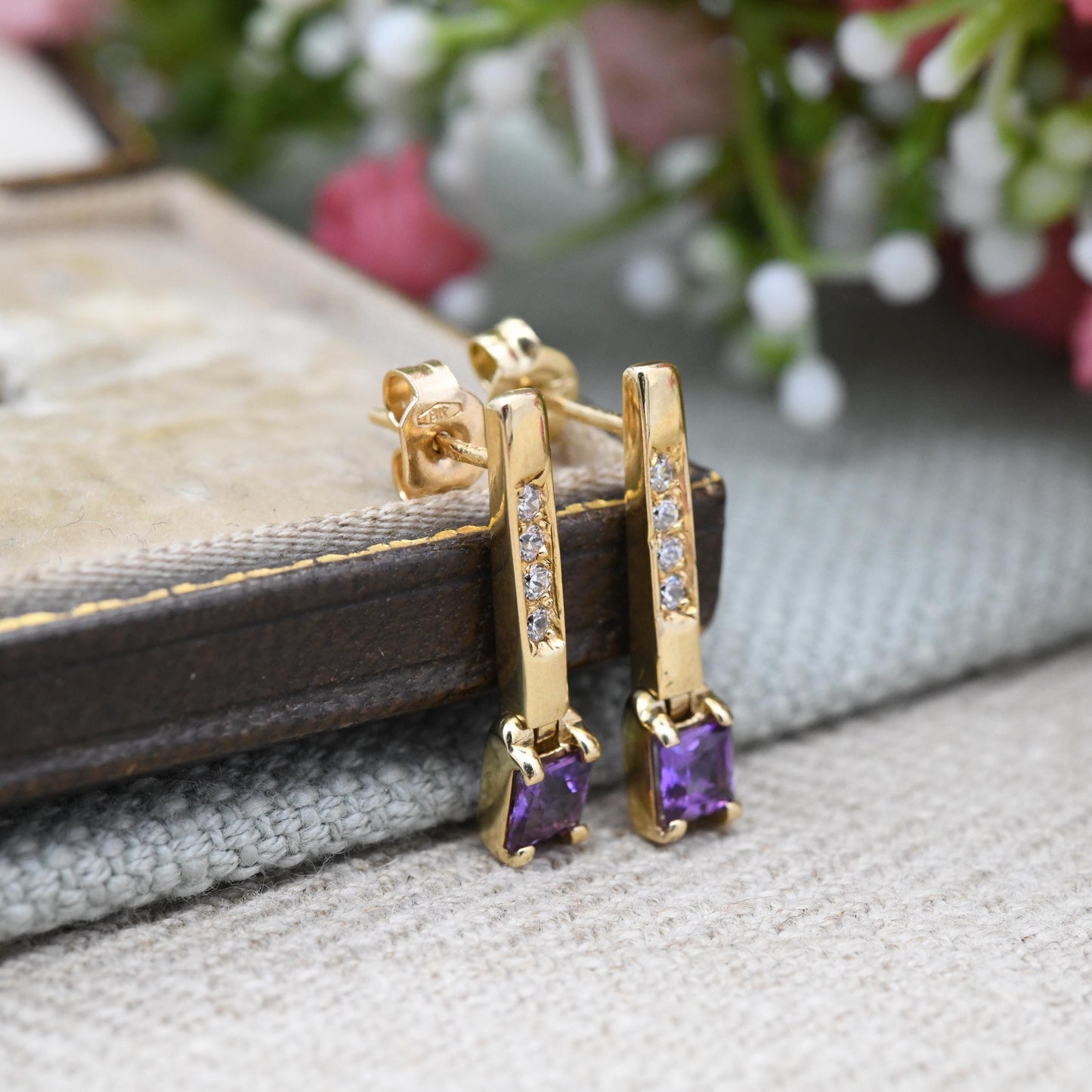 Vintage 9ct Gold Amethyst Drop Earrings - with Sparkly Clear Stone Pave Bar Drop | Contemporary Solid Gold Dangle Studs | Butterfly Backs