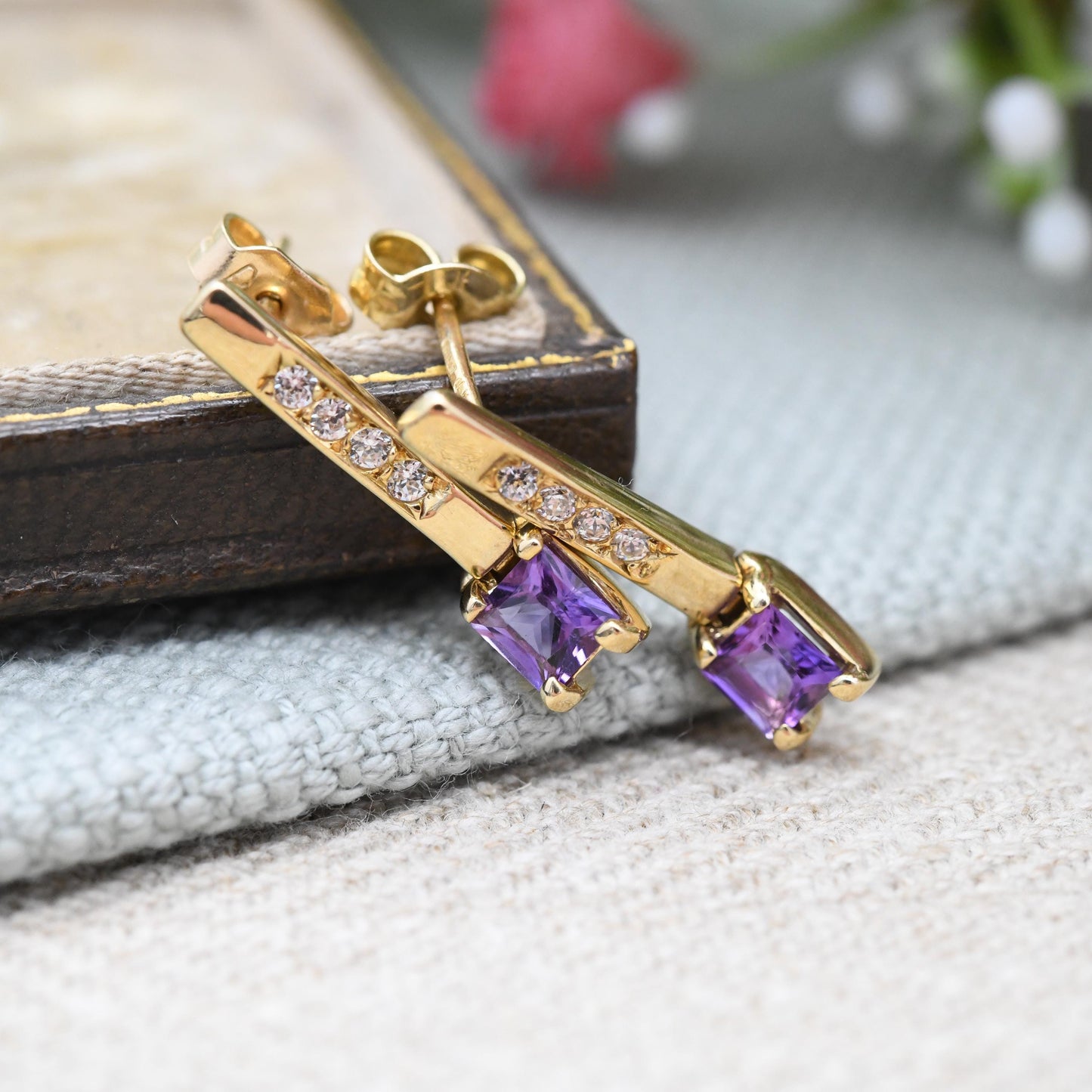 Vintage 9ct Gold Amethyst Drop Earrings - with Sparkly Clear Stone Pave Bar Drop | Contemporary Solid Gold Dangle Studs | Butterfly Backs