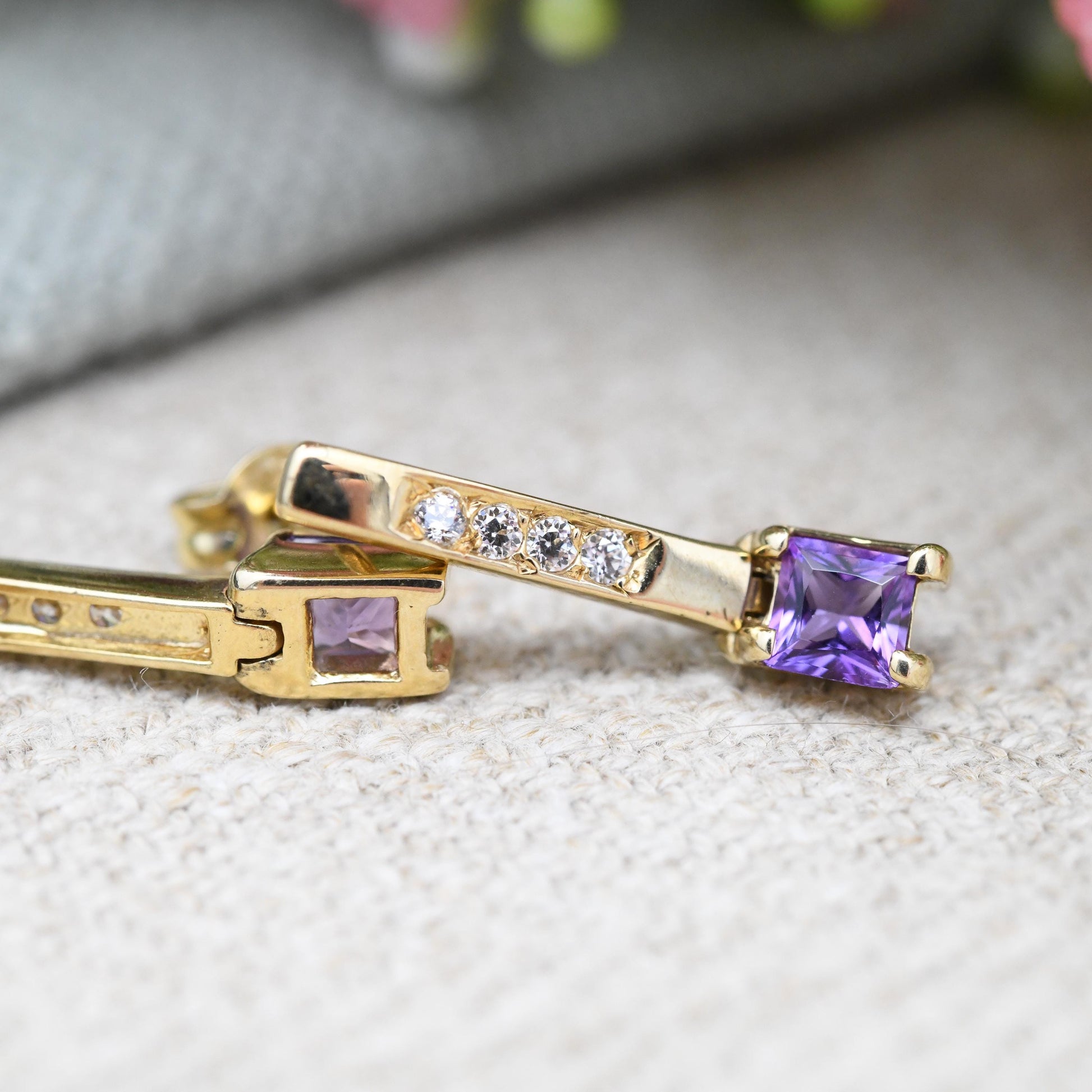 Vintage 9ct Gold Amethyst Drop Earrings - with Sparkly Clear Stone Pave Bar Drop | Contemporary Solid Gold Dangle Studs | Butterfly Backs