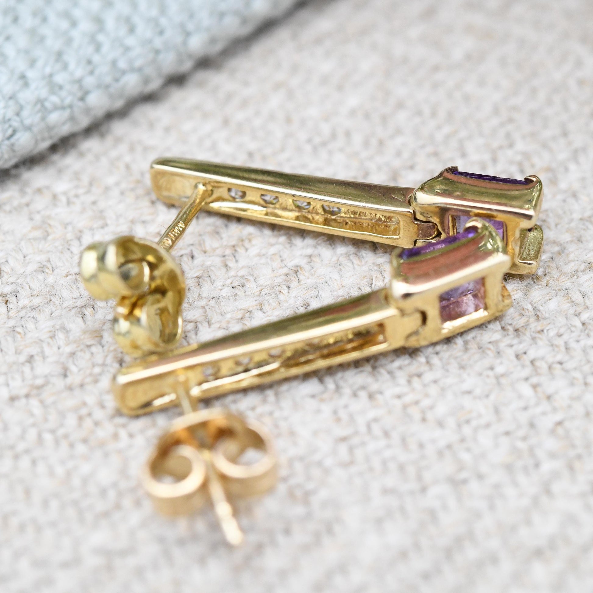 Vintage 9ct Gold Amethyst Drop Earrings - with Sparkly Clear Stone Pave Bar Drop | Contemporary Solid Gold Dangle Studs | Butterfly Backs