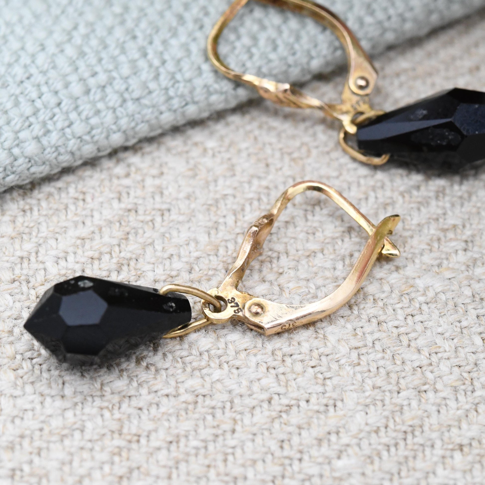 Vintage 9ct Gold Black Crystal Drop Earrings - Faceted Glass Stone | Professional Work Earrings | Pretty Dangle Earrings Latch Back