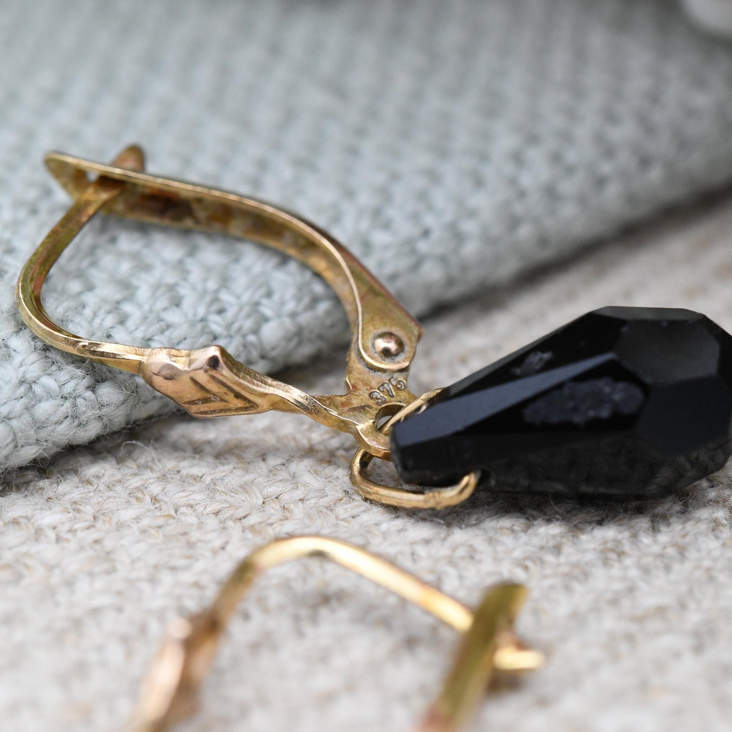 Vintage 9ct Gold Black Crystal Drop Earrings - Faceted Glass Stone | Professional Work Earrings | Pretty Dangle Earrings Latch Back