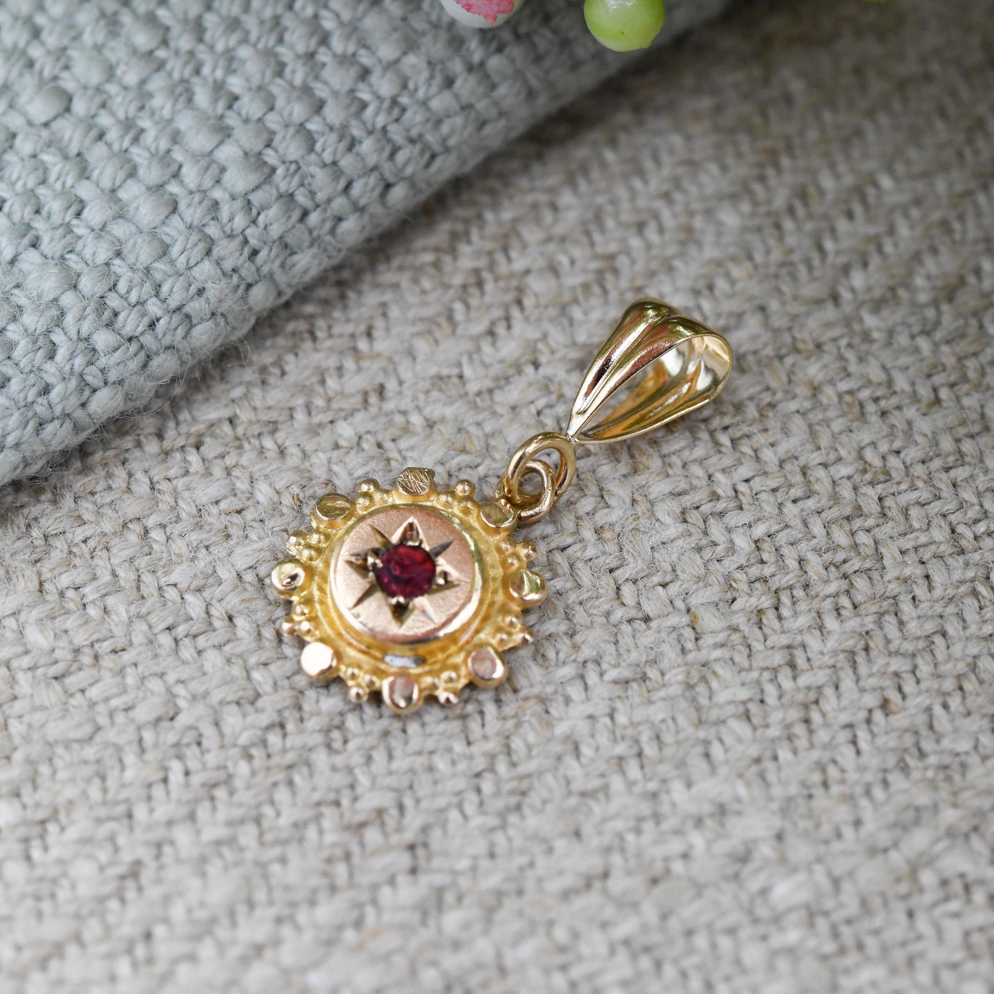 Antique 9ct Gold Garnet Pendant Victorian Stick Pin Conversion - Miniature Star Set Gemstone Charm for Necklace | Small Gold Jewellery Gift