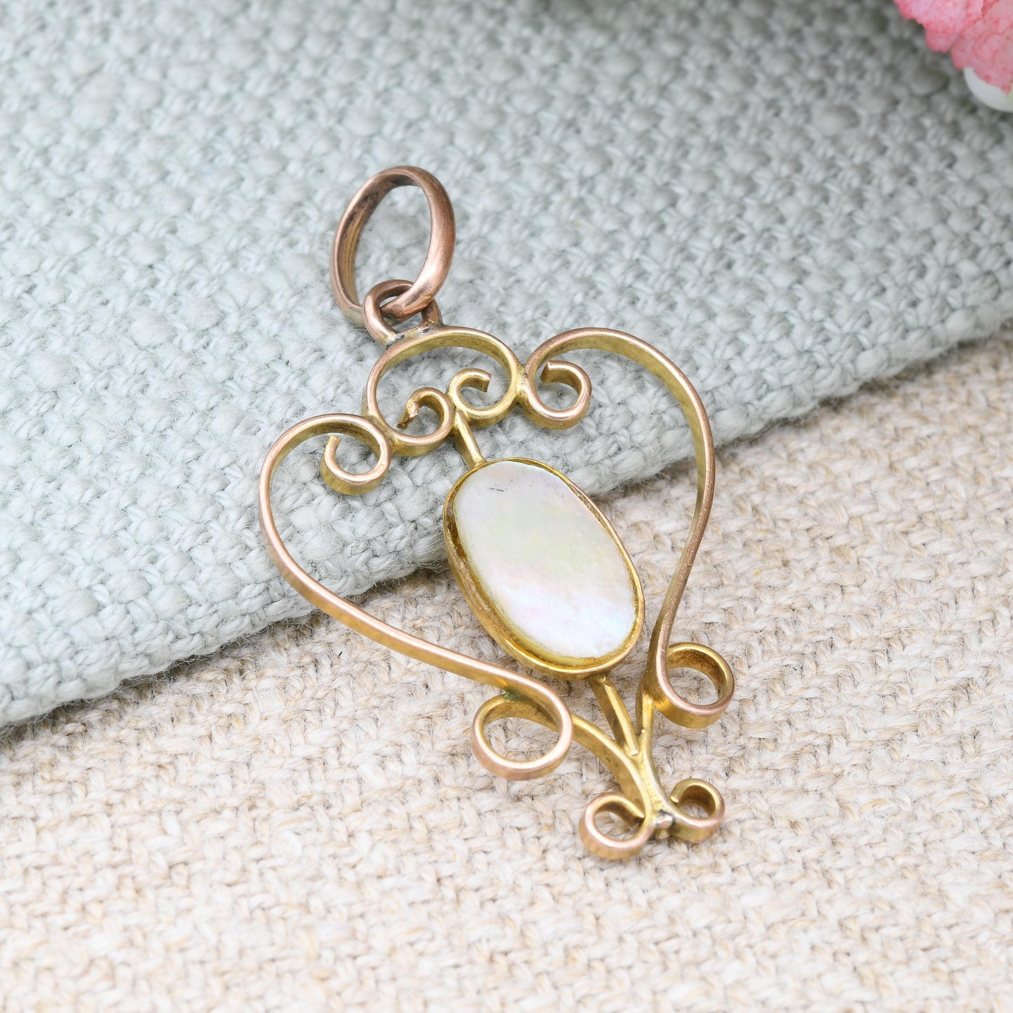 Antique 9ct Gold Mother of Pearl Pendant Edwardian Era - Pretty White Gemstone Charm for Necklace Small Gold Jewellery Gift Scrolling Mount