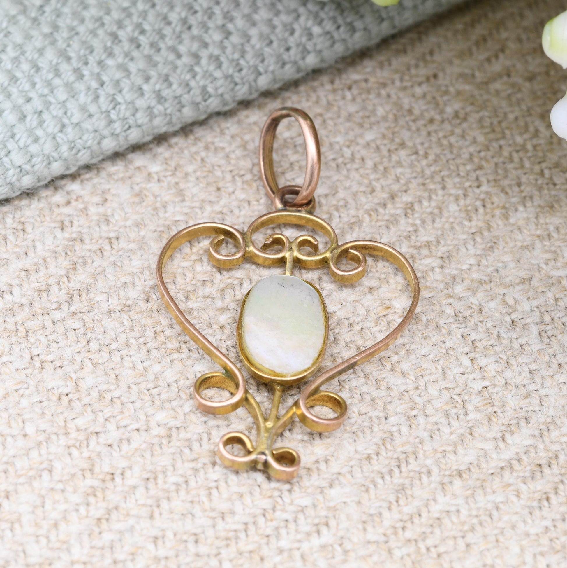 Antique 9ct Gold Mother of Pearl Pendant Edwardian Era - Pretty White Gemstone Charm for Necklace Small Gold Jewellery Gift Scrolling Mount