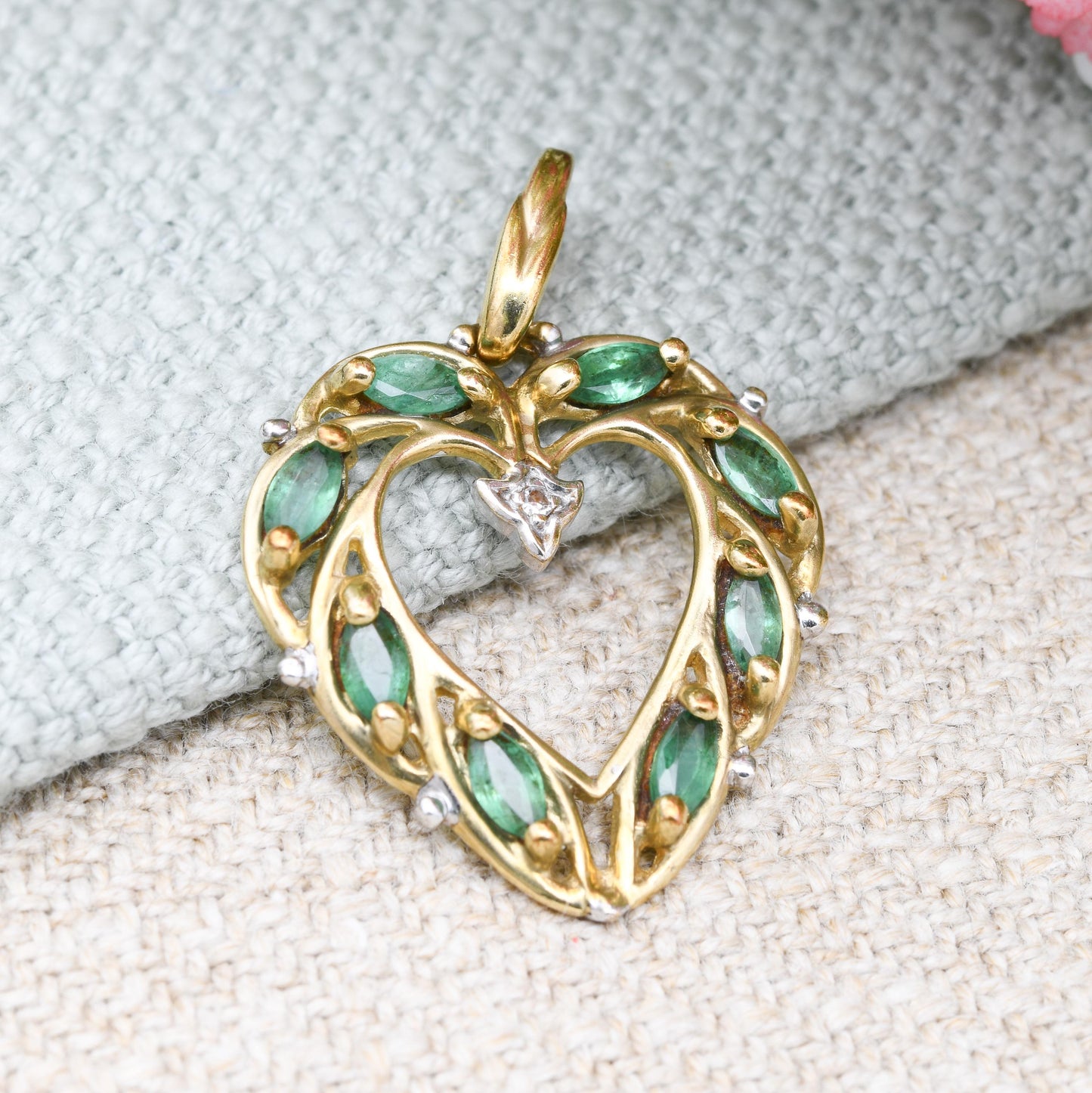 Brooks & Bentley 9ct Gold Emerald Diamond Heart Pendant Emeralds of Eternity - Pretty Gold Gift for Her - Love Heart Shape | Elvish Style