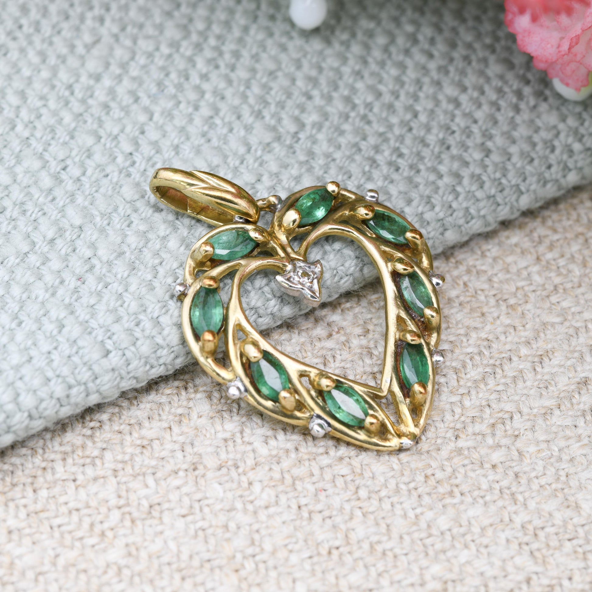 Brooks & Bentley 9ct Gold Emerald Diamond Heart Pendant Emeralds of Eternity - Pretty Gold Gift for Her - Love Heart Shape | Elvish Style