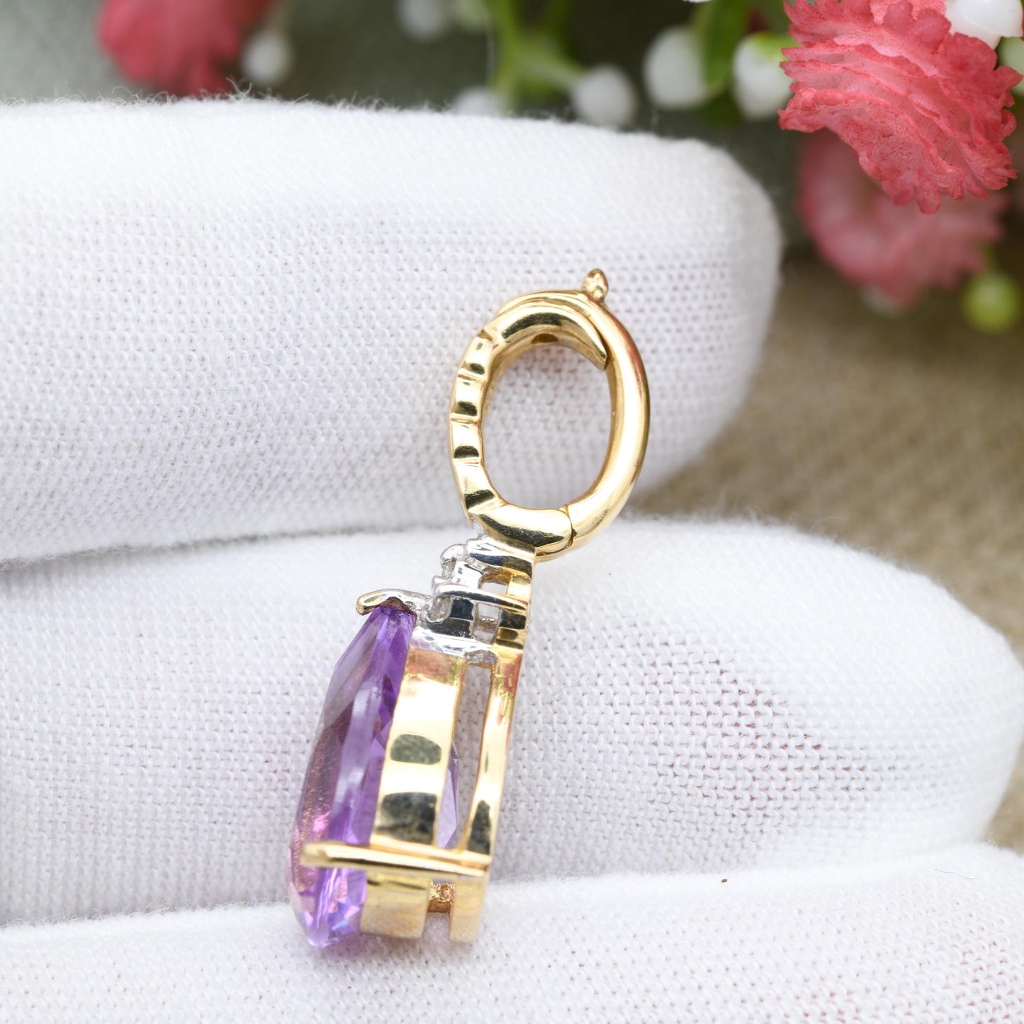 9ct Gold Amethyst and Diamond Teardrop Pendant with Clasp Latch Bale - Pretty Gold Gift for Her