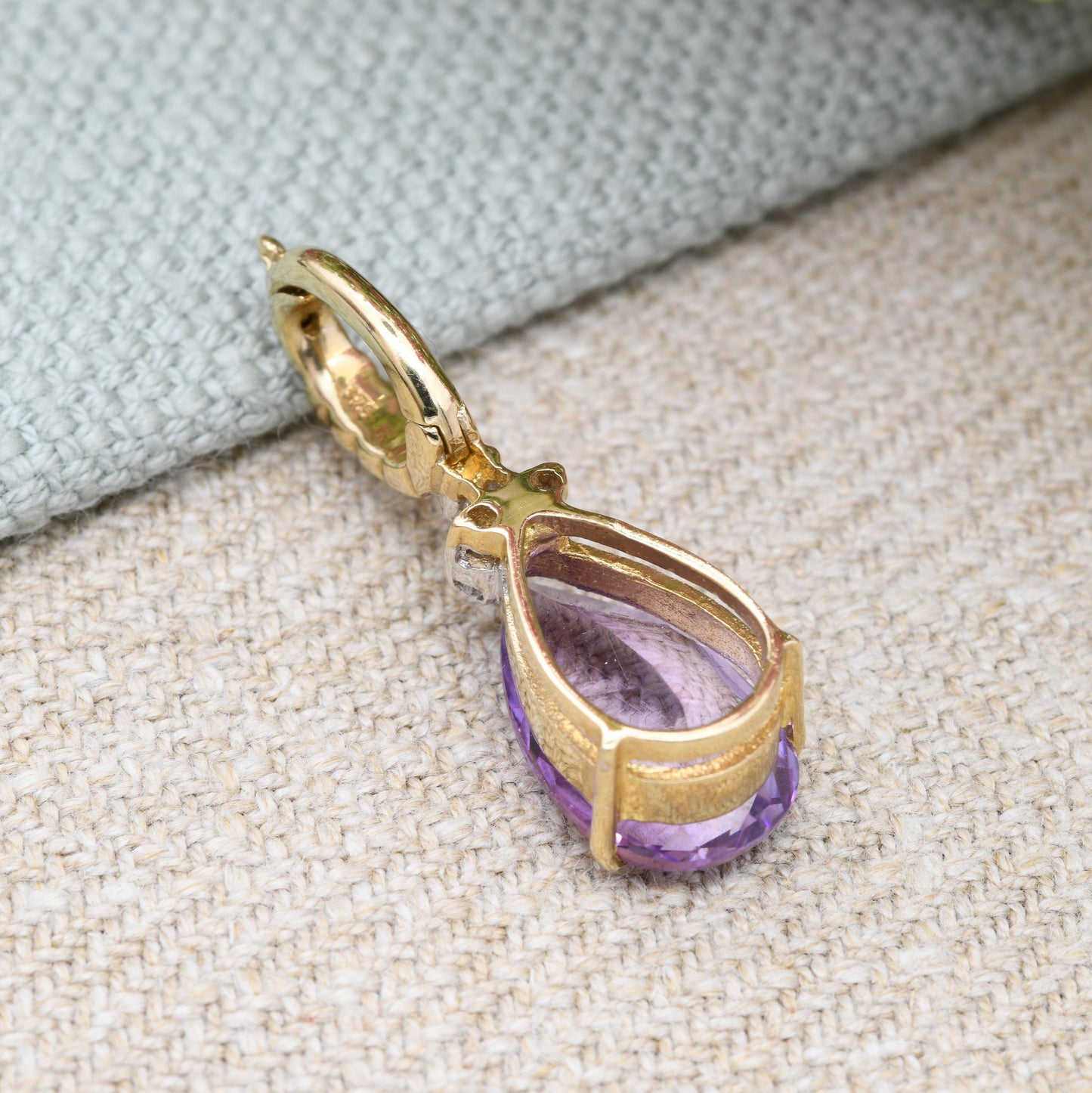 9ct Gold Amethyst and Diamond Teardrop Pendant with Clasp Latch Bale - Pretty Gold Gift for Her