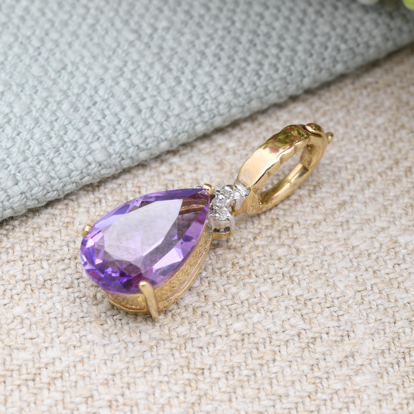 9ct Gold Amethyst and Diamond Teardrop Pendant with Clasp Latch Bale - Pretty Gold Gift for Her