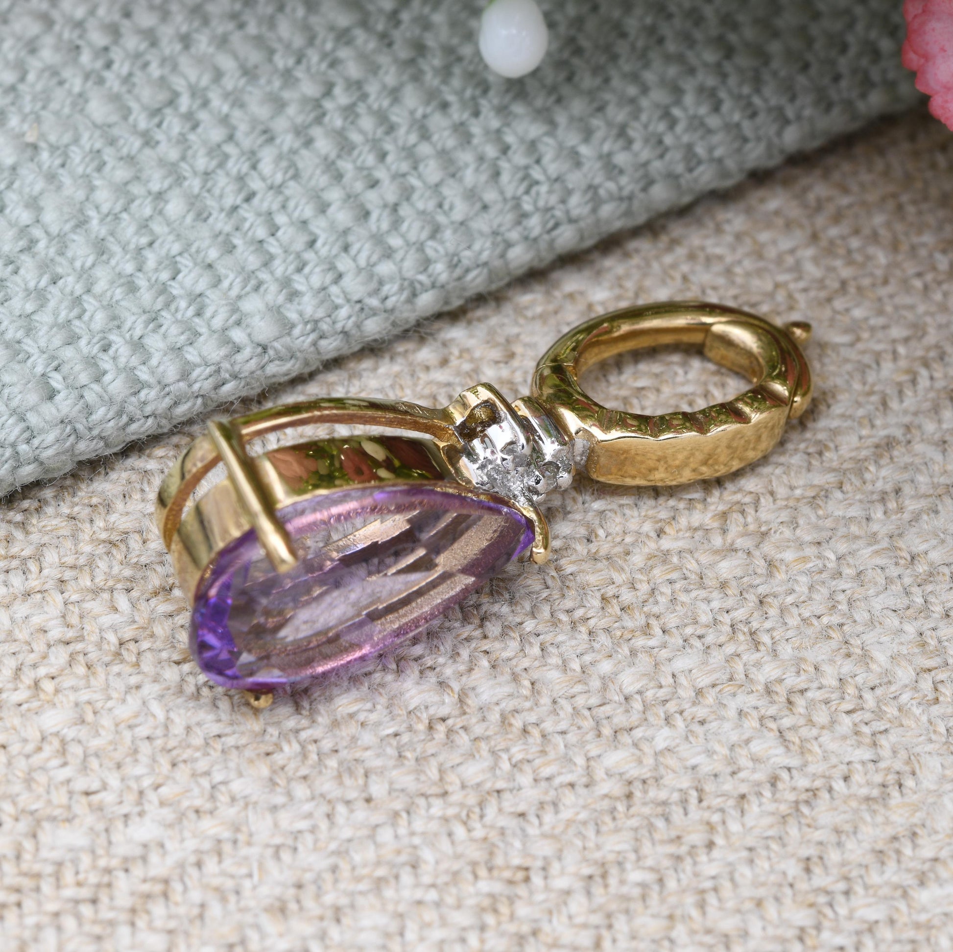 9ct Gold Amethyst and Diamond Teardrop Pendant with Clasp Latch Bale - Pretty Gold Gift for Her