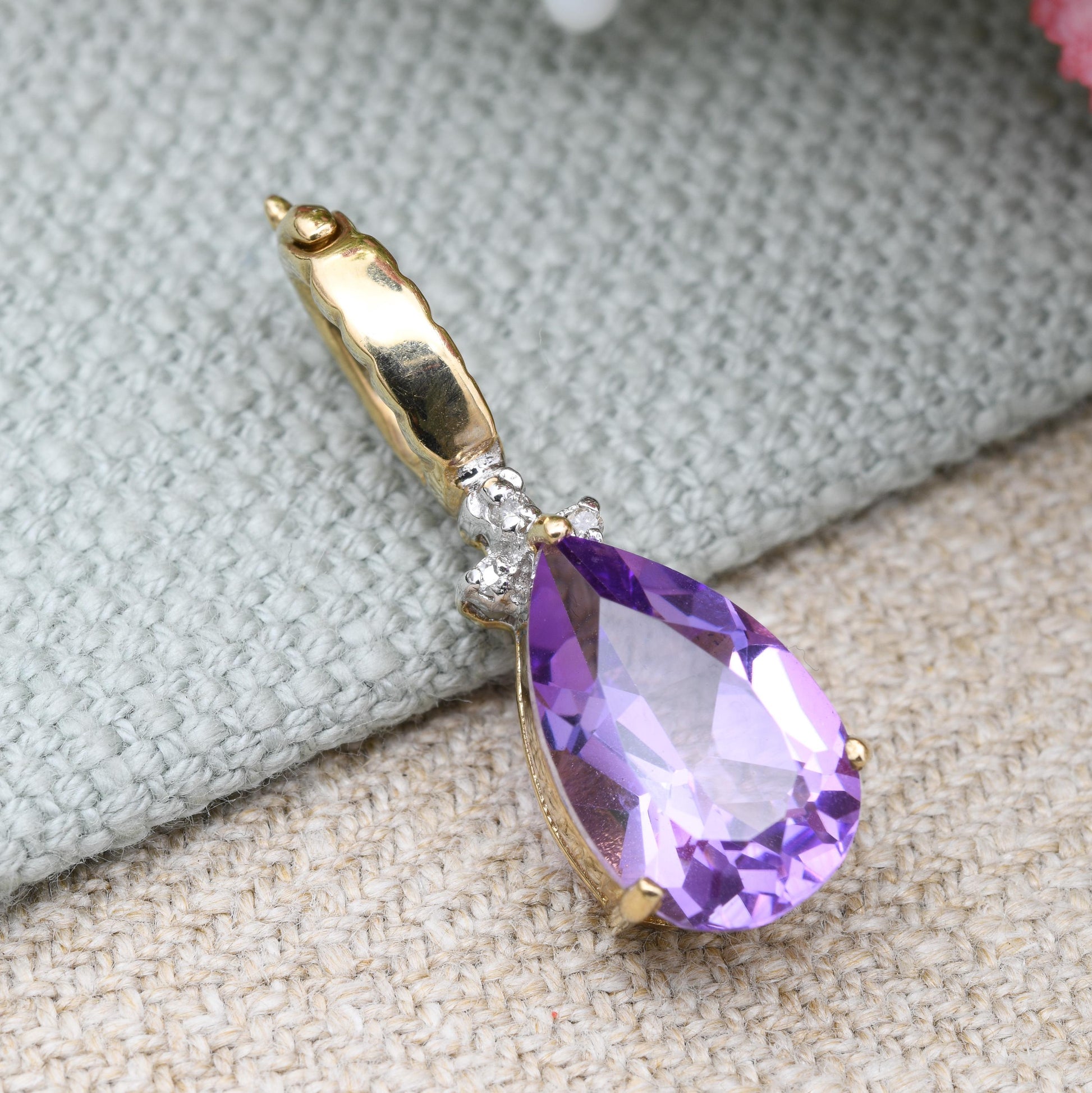 9ct Gold Amethyst and Diamond Teardrop Pendant with Clasp Latch Bale - Pretty Gold Gift for Her