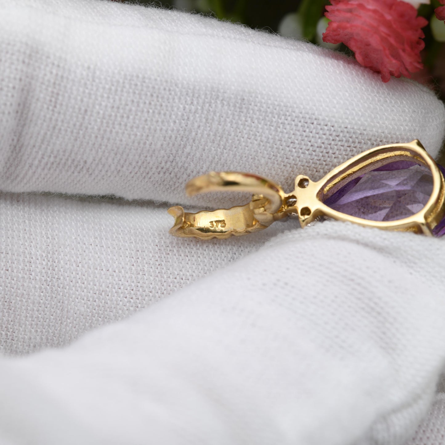 9ct Gold Amethyst and Diamond Teardrop Pendant with Clasp Latch Bale - Pretty Gold Gift for Her