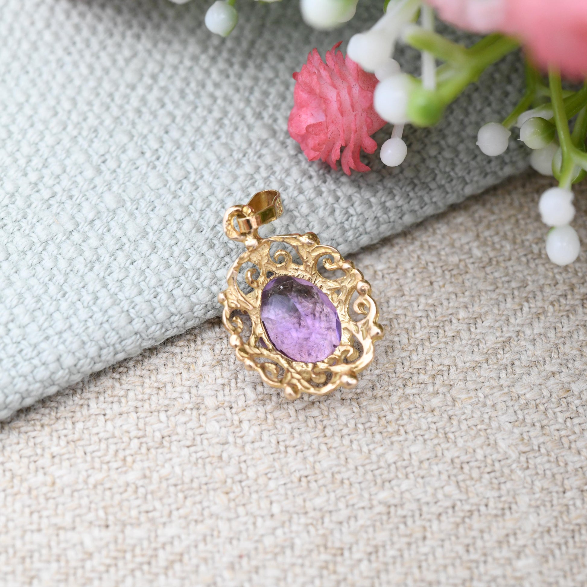 Vintage Ornate 9ct Gold Amethyst Pendant 1979 - Pretty Gold Gift for Her | Mid-Century Antique Revival | Large Purple Stone